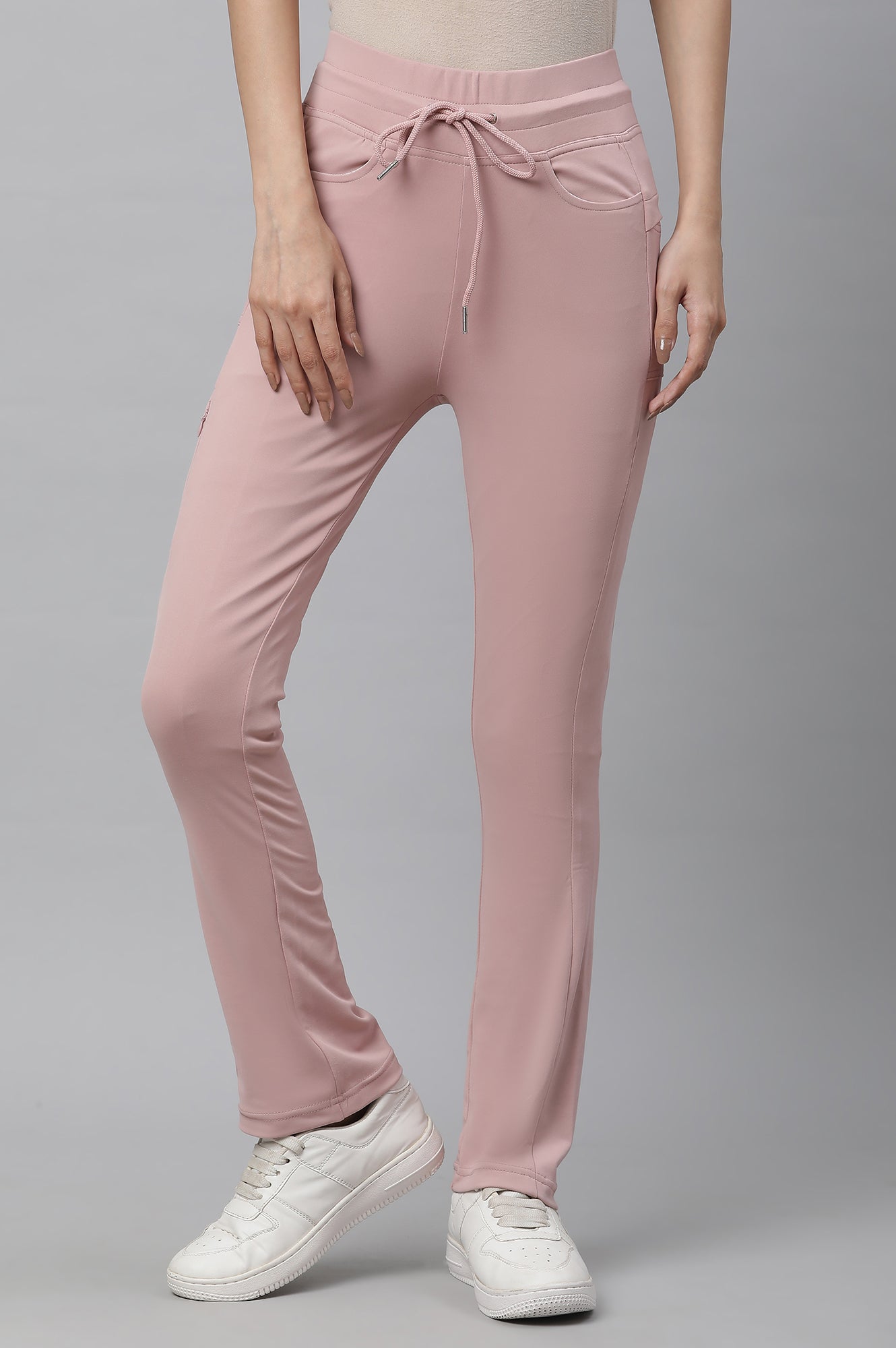 Pink Solid Boot Cut Pants With Drawstring
