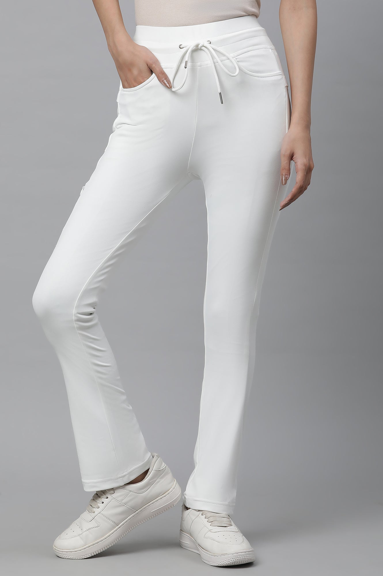 White Solid Boot Cut Pants With Drawstring