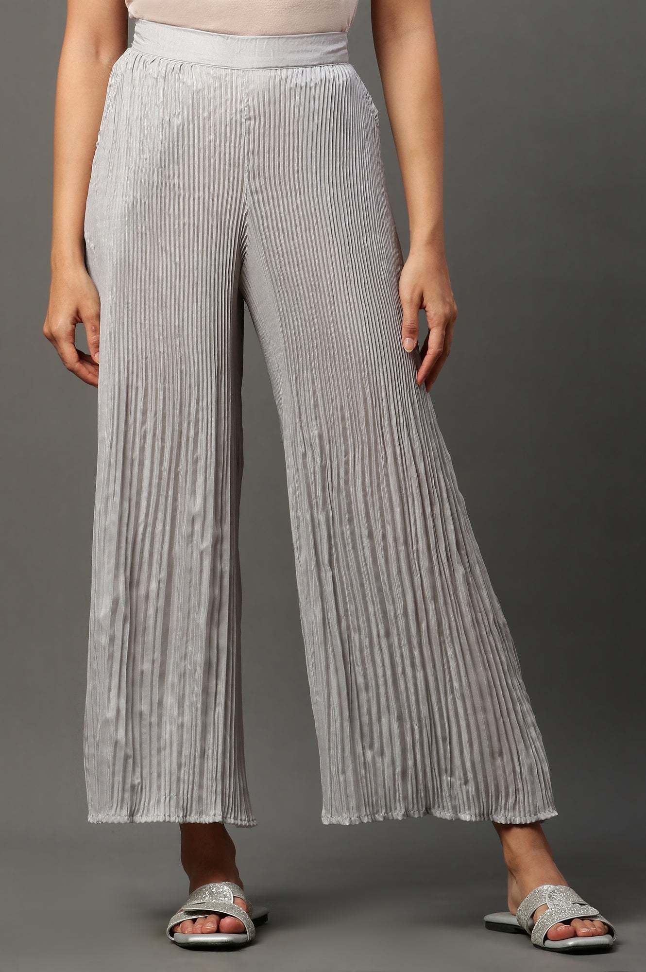 Silver Solid Flared Woven Sharara With Pleated Detail