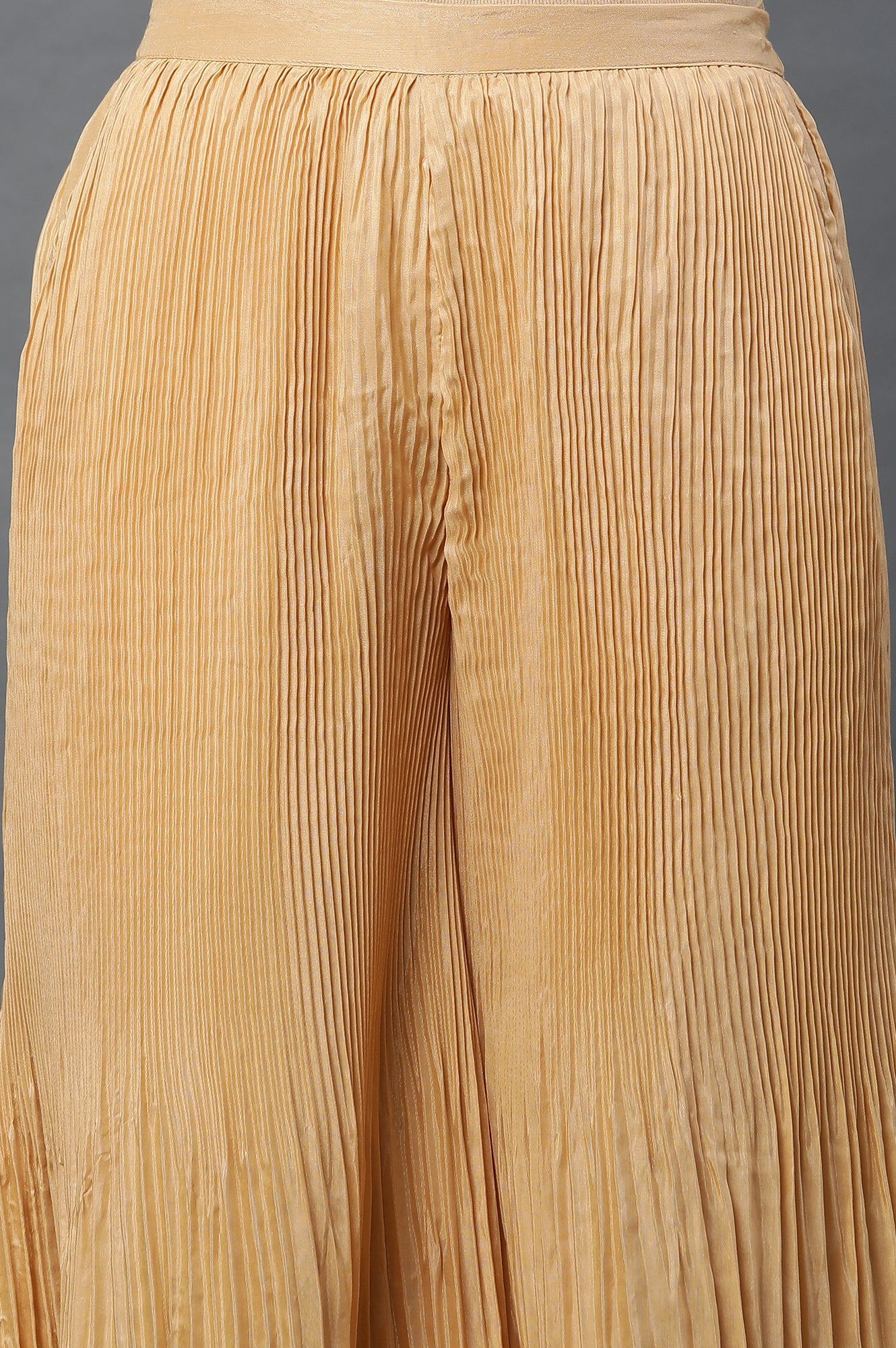 Gold Solid Flared Silk Palazzo With Pleats