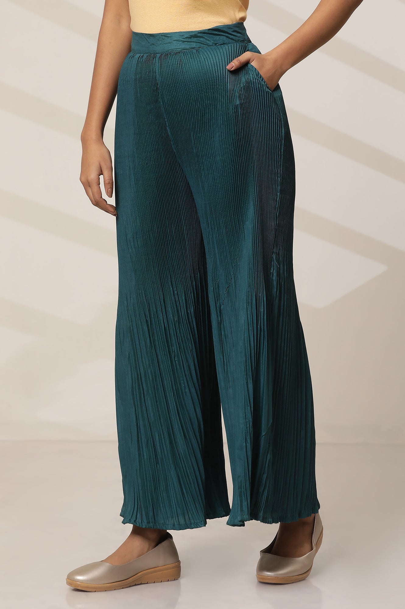 Teal Solid Flared Woven Sharara With Pleats