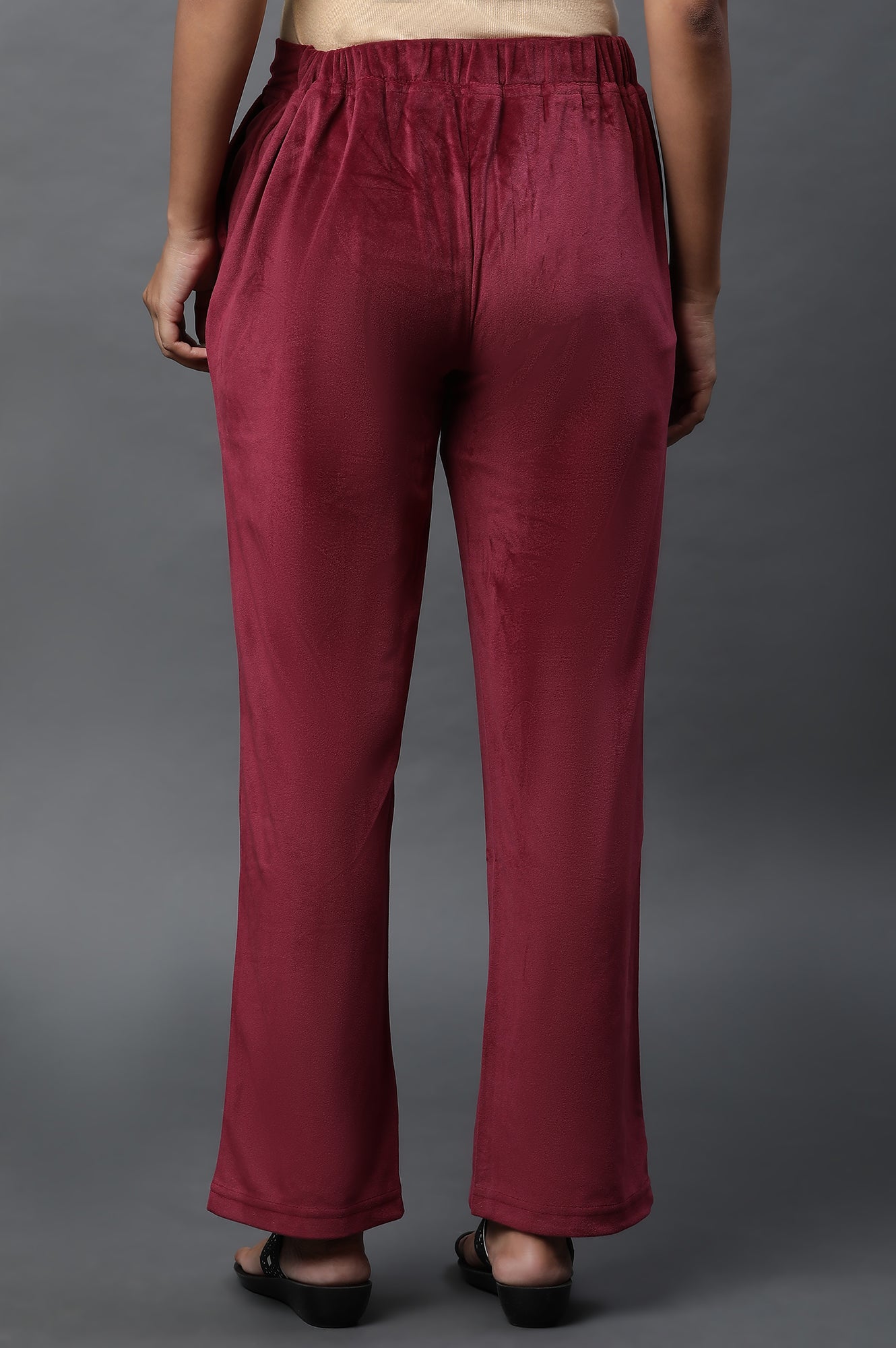 Maroon Solid Straight Fit Velvet Pants With Elasticated Waist