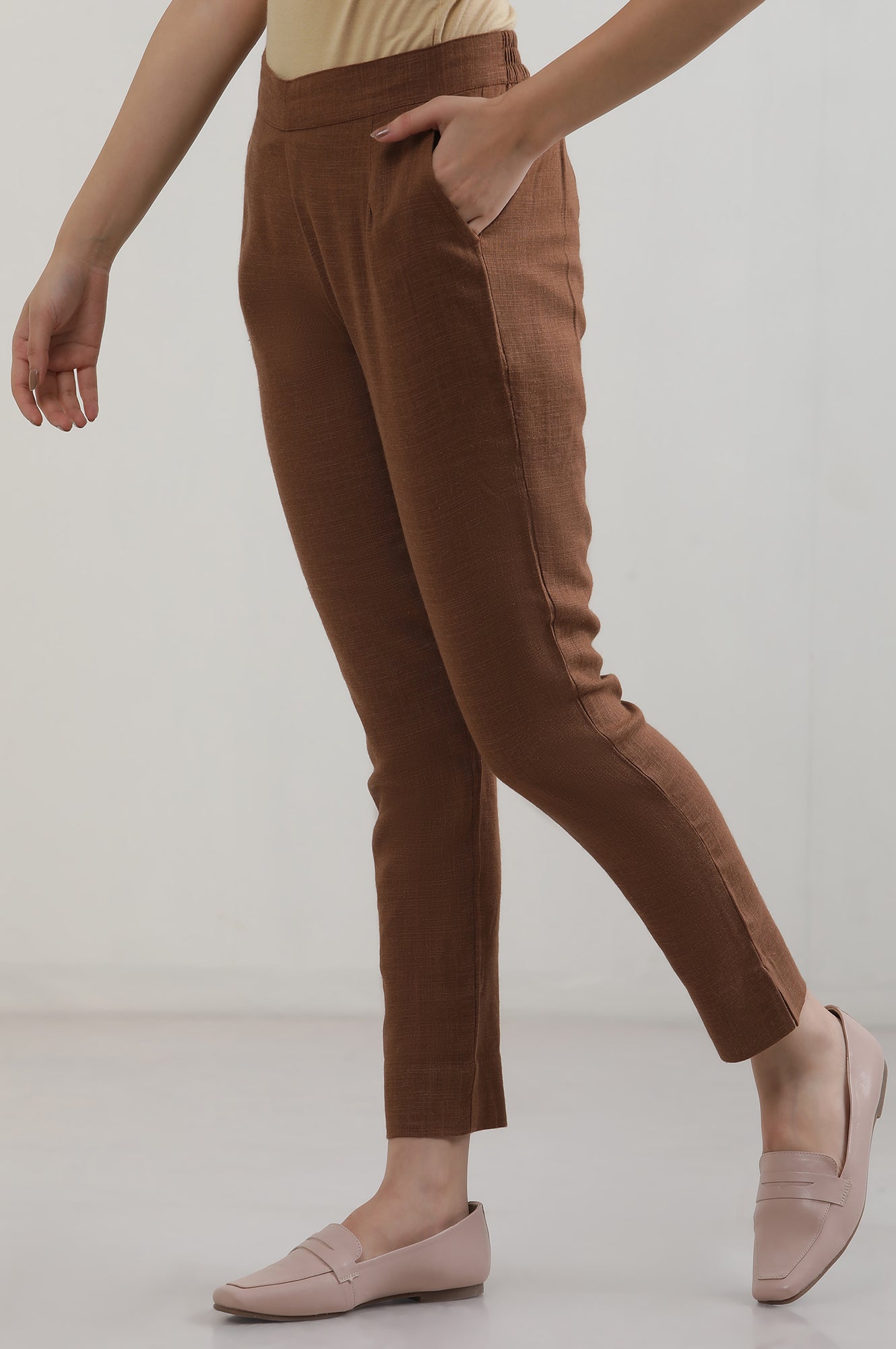 Brown Solid Cotton Blend Straight Trousers & Pants