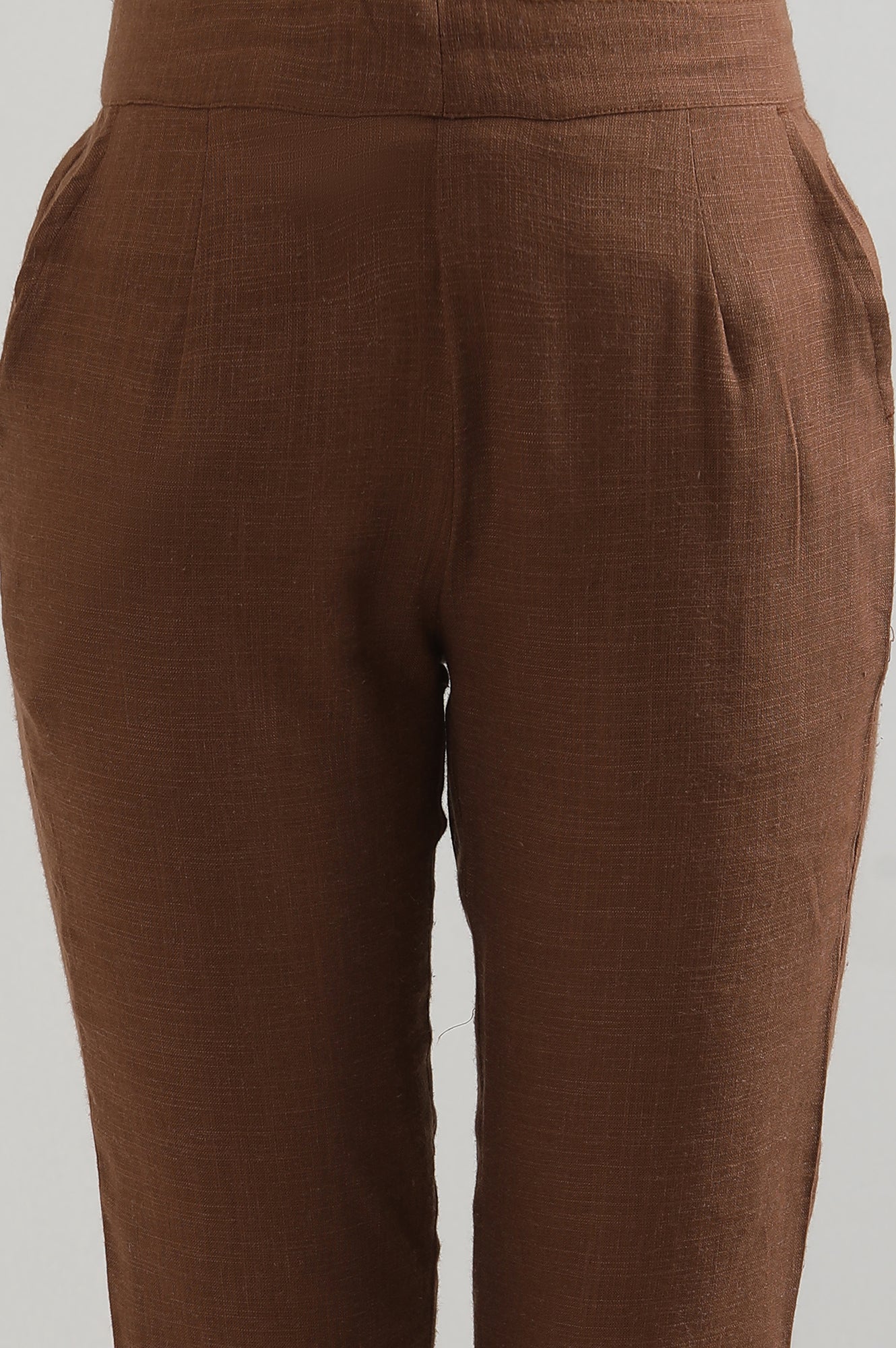Brown Solid Cotton Blend Straight Trousers & Pants