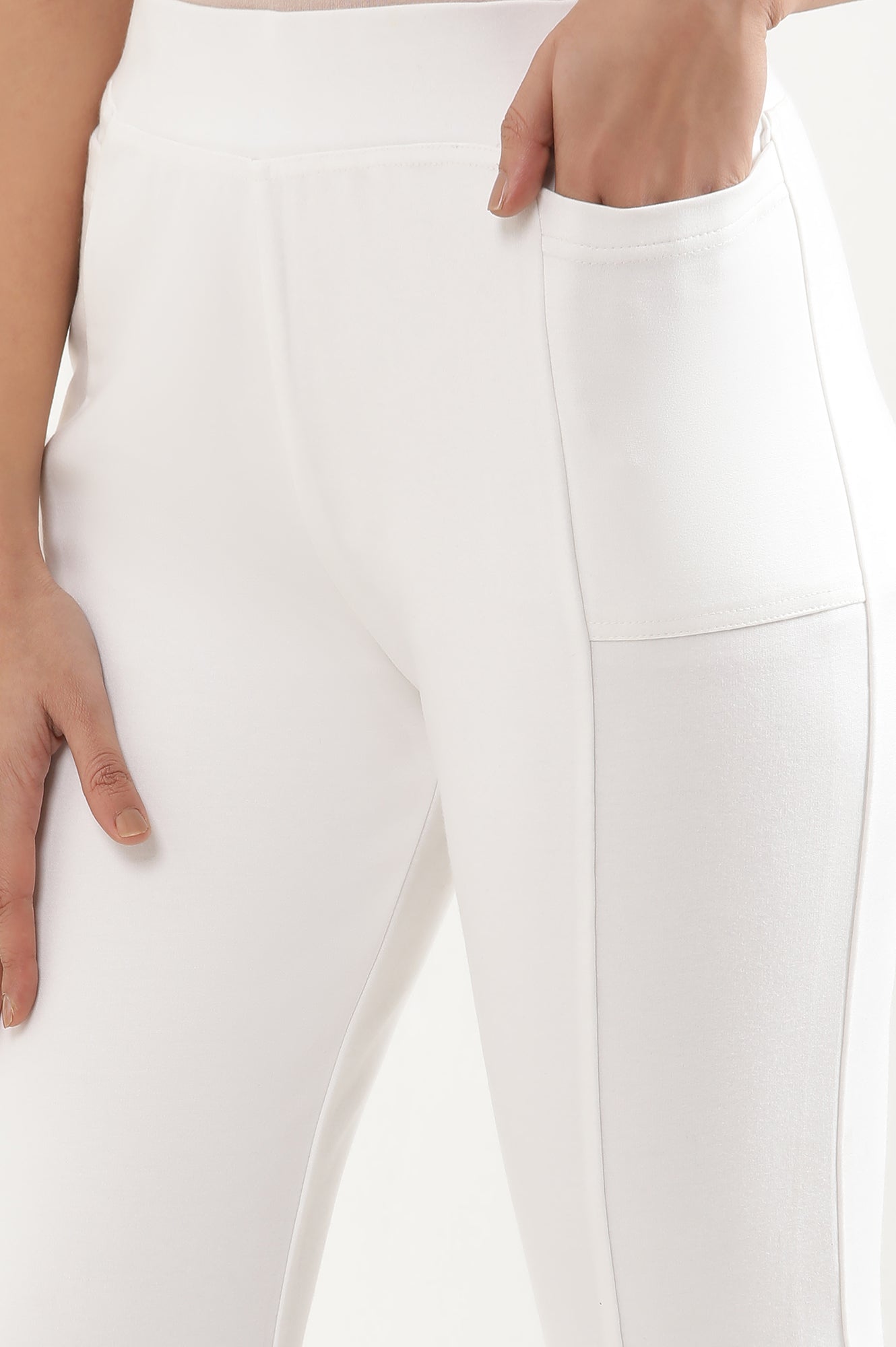 Off White Solid Boot Cut Pants With Elasticated Waist