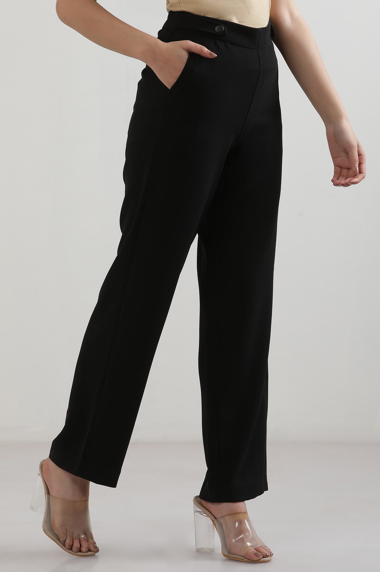 Black Solid Straight Trousers & Pants