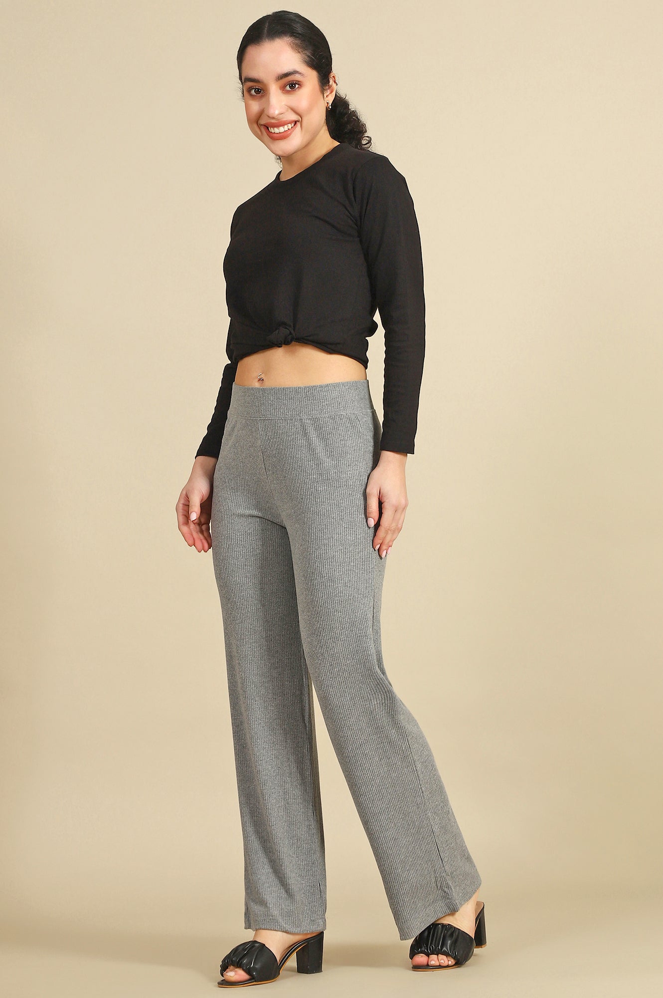 Grey Solid Rayon Straight Trousers & Pants