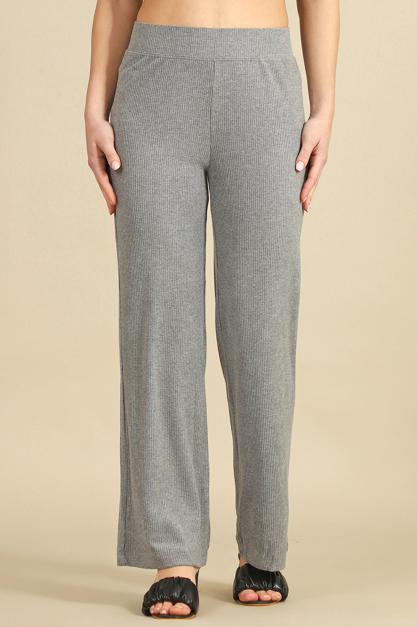 Grey Solid Rayon Straight Trousers & Pants
