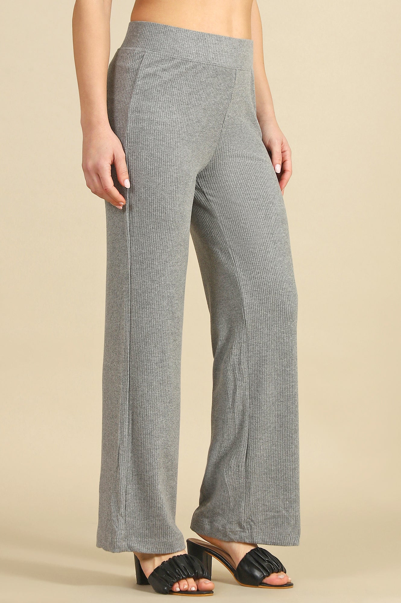 Grey Solid Rayon Straight Trousers & Pants