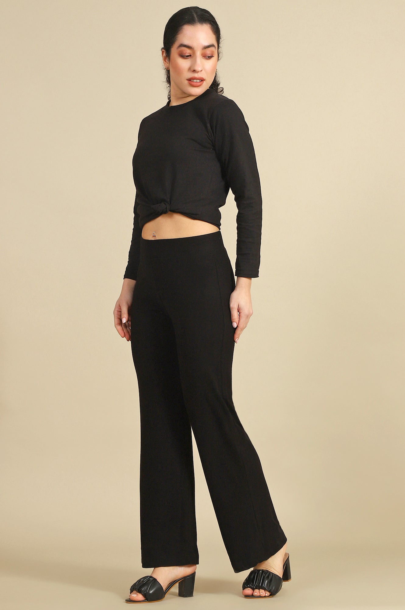 Black Solid Rayon Straight Trousers & Pants