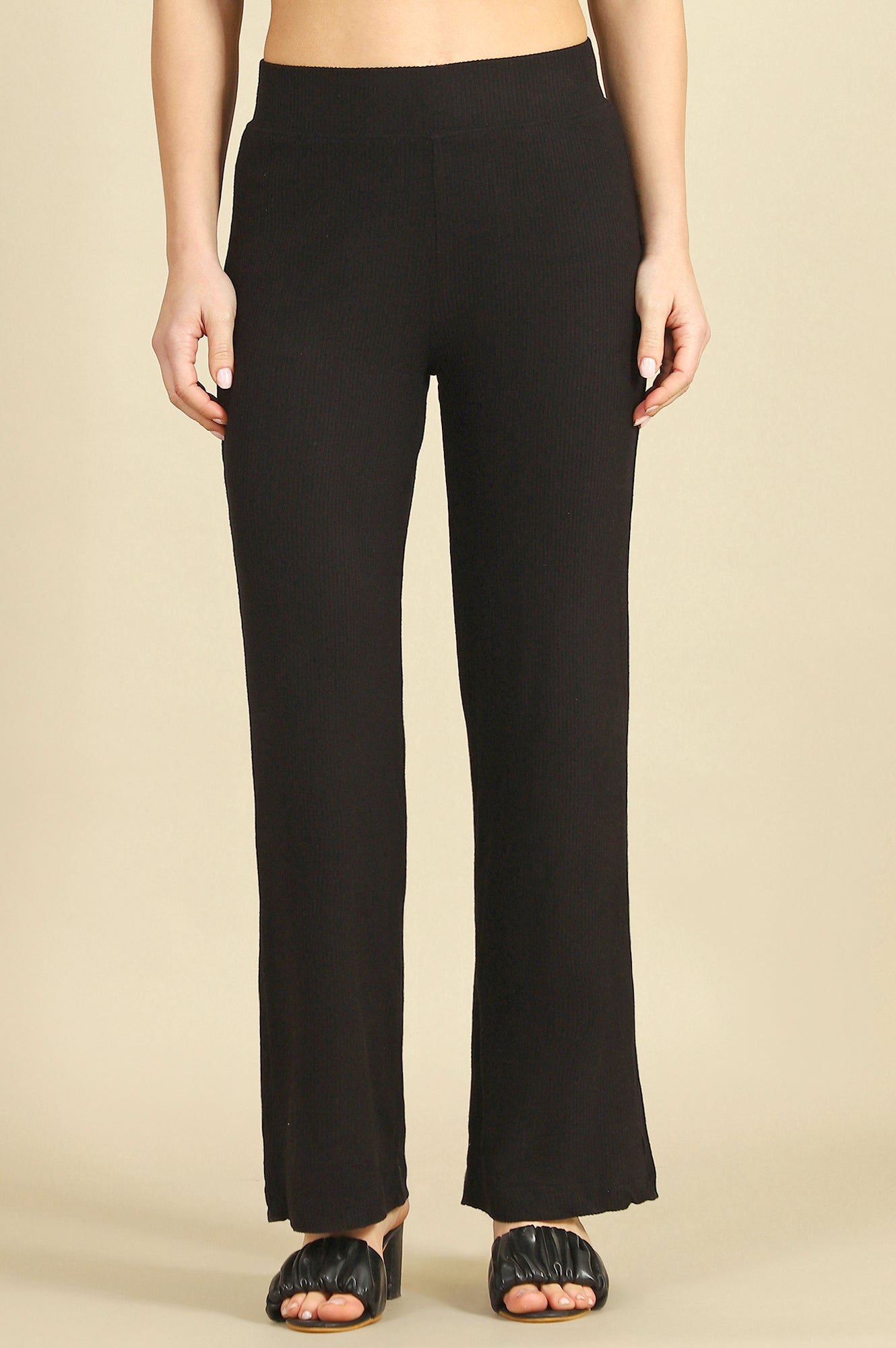 Black Solid Rayon Straight Trousers & Pants