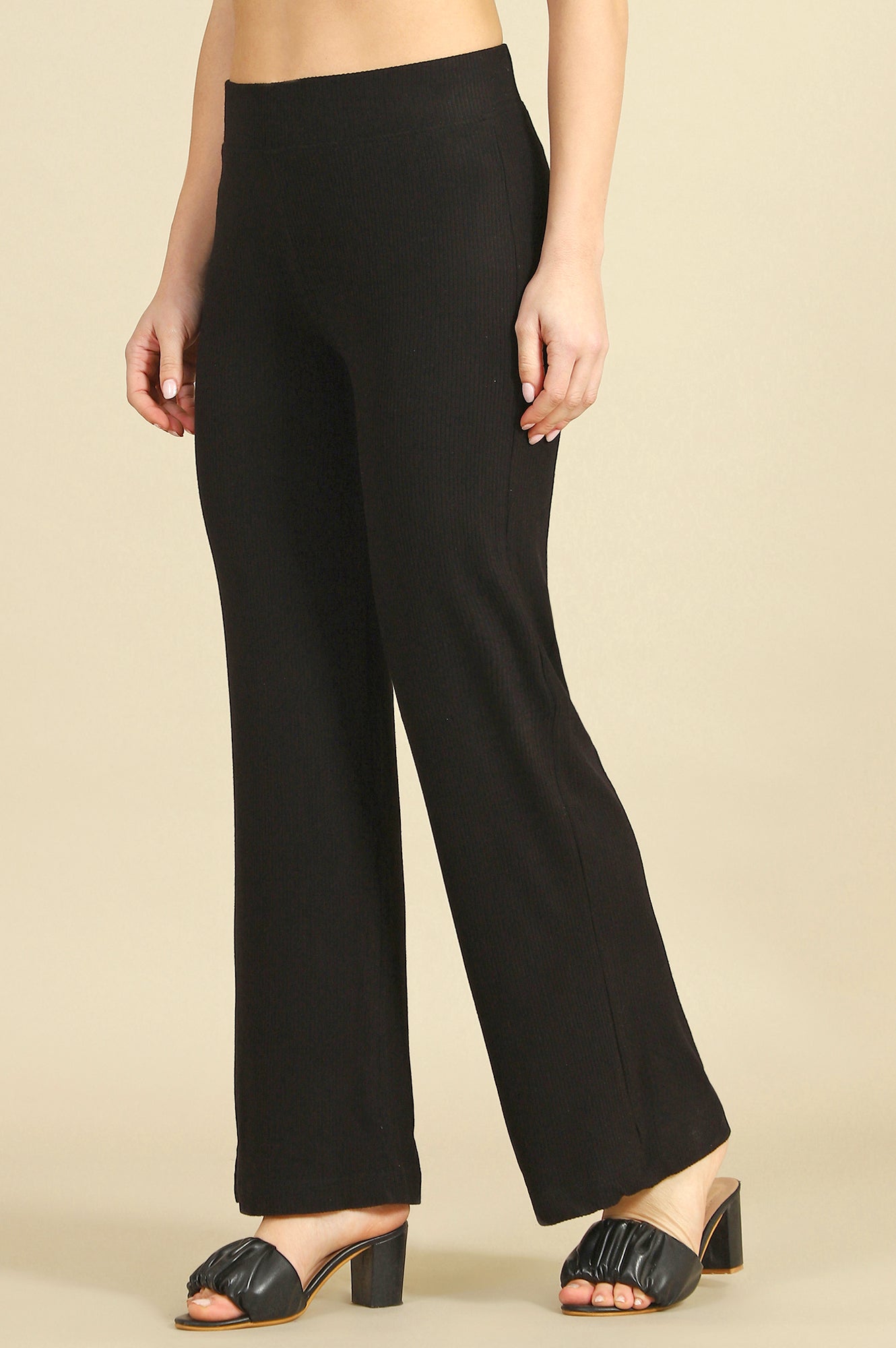 Black Solid Rayon Straight Trousers & Pants