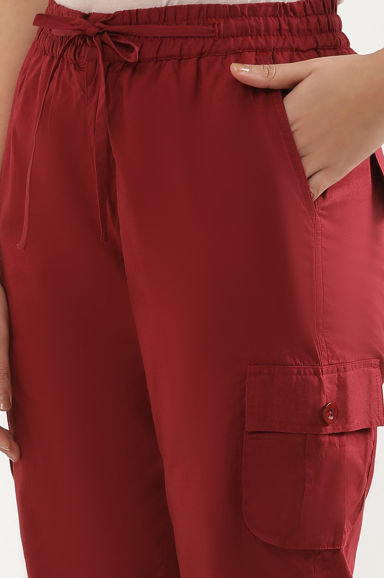 Red Solid Tapered Cotton Pants With Drawstring