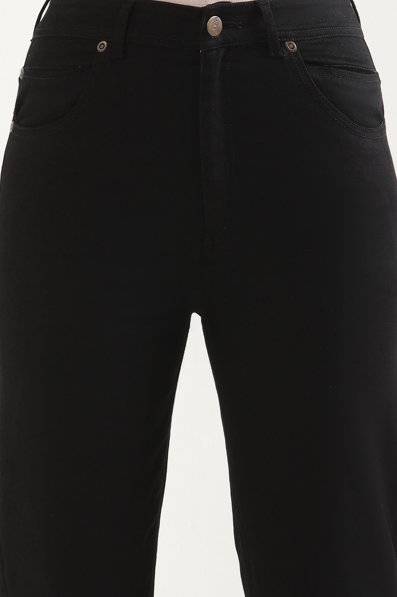 Black Solid Straight Fit Denim Pants With Side Slit
