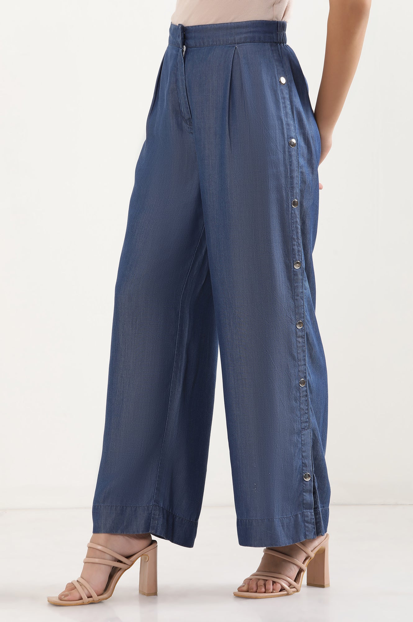 Blue Solid Wide Leg Denim Palazzo With Side Buttons