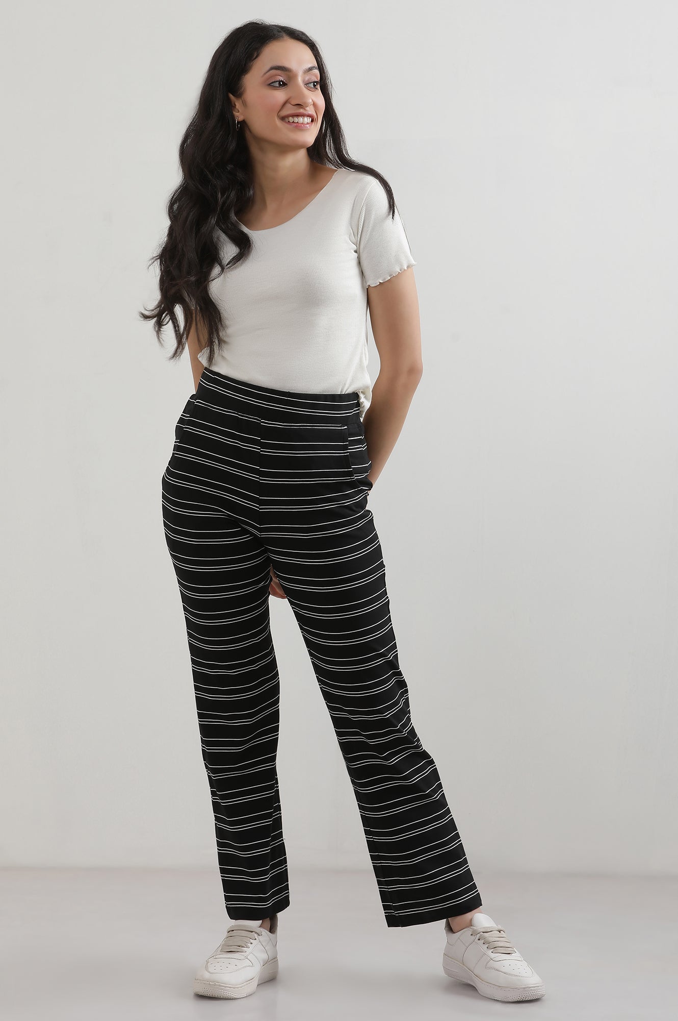 Black Yarn Dyed Cotton Blend Straight Trousers & Pants