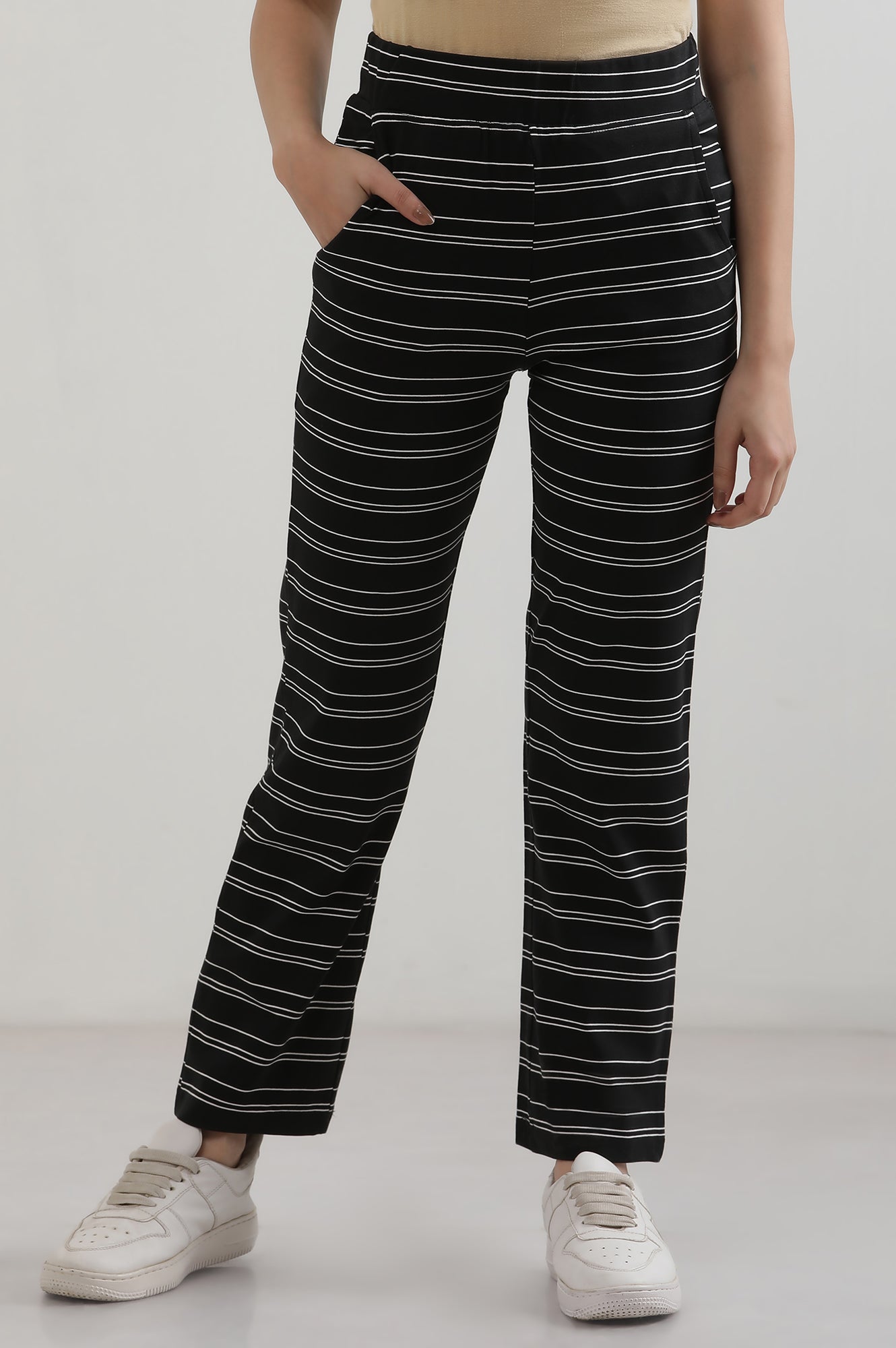Black Yarn Dyed Cotton Blend Straight Trousers & Pants