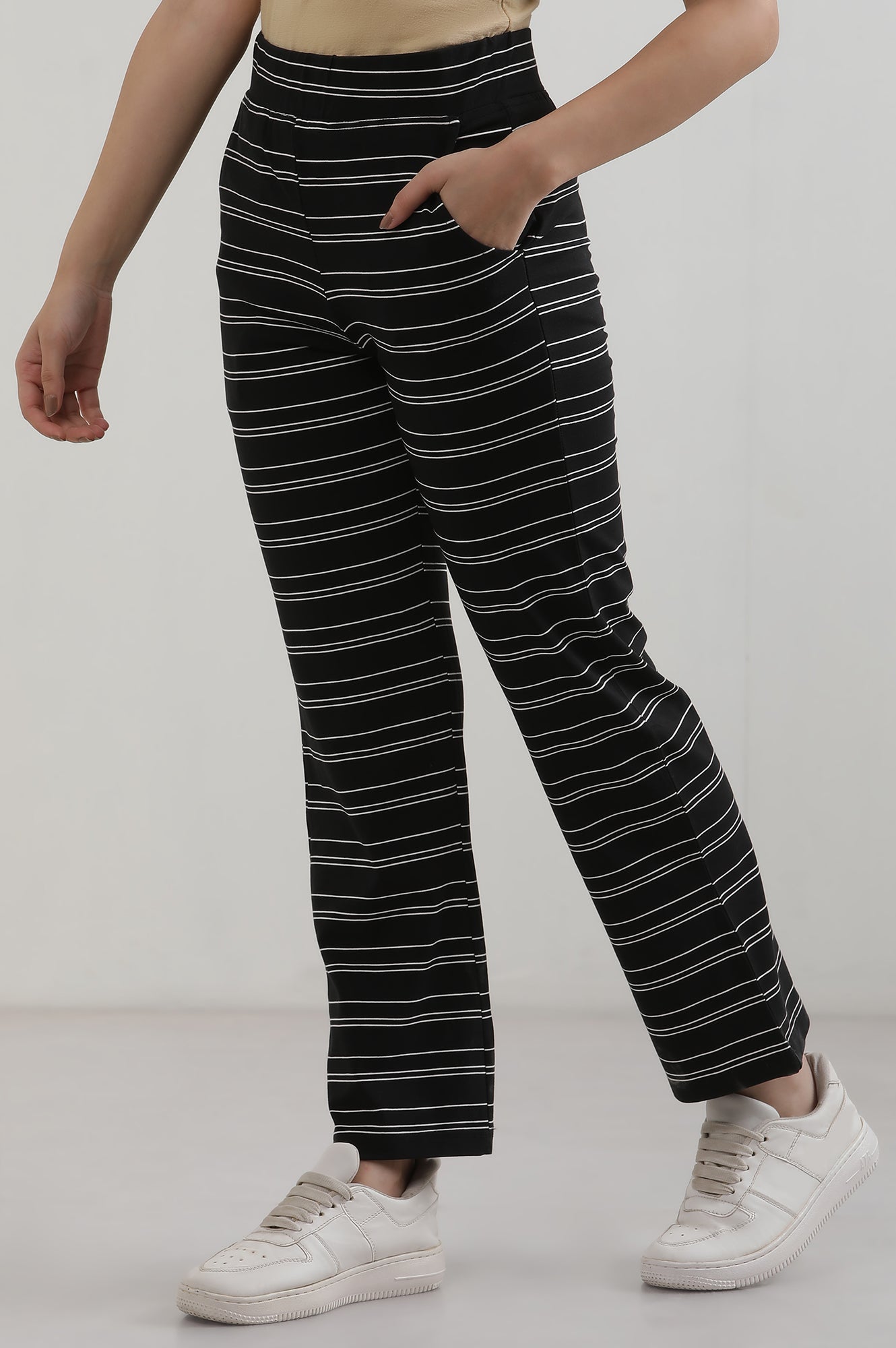 Black Yarn Dyed Cotton Blend Straight Trousers & Pants