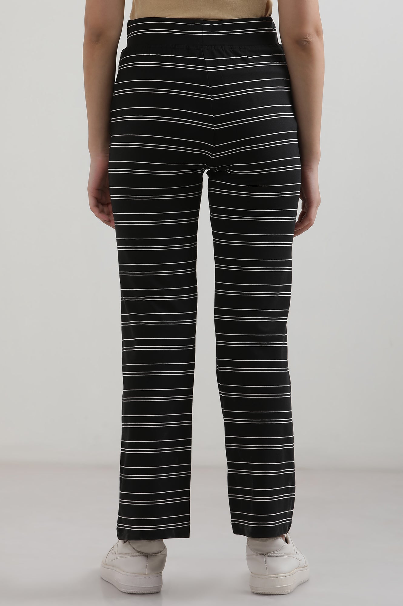 Black Yarn Dyed Cotton Blend Straight Trousers & Pants