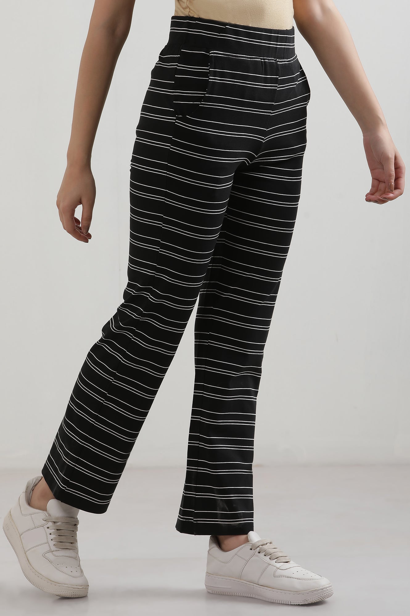 Black Yarn Dyed Cotton Blend Straight Trousers & Pants