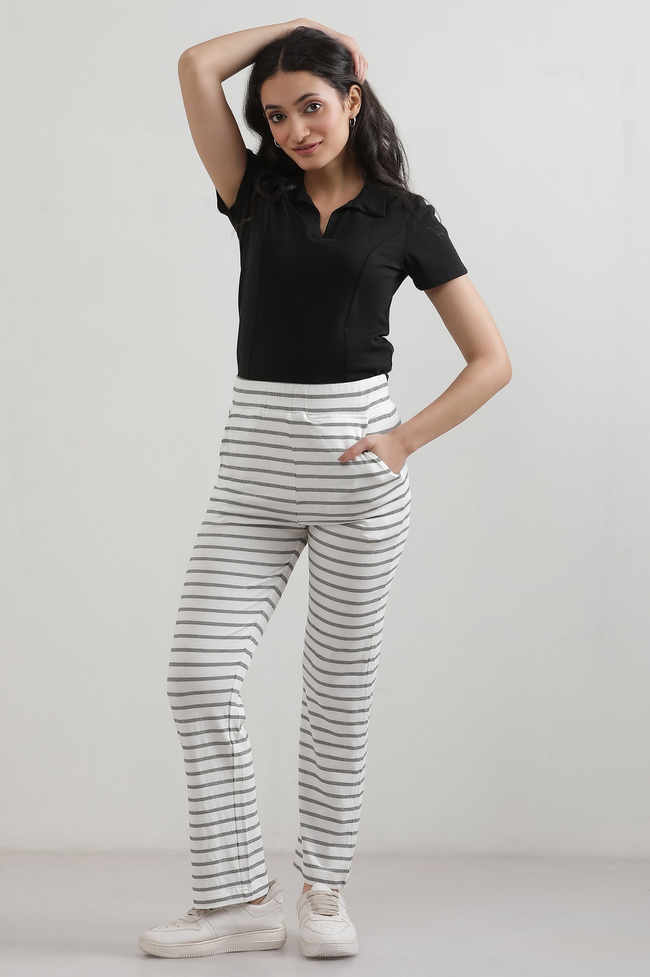 White Yarn Dyed Cotton Blend Straight Trousers & Pants