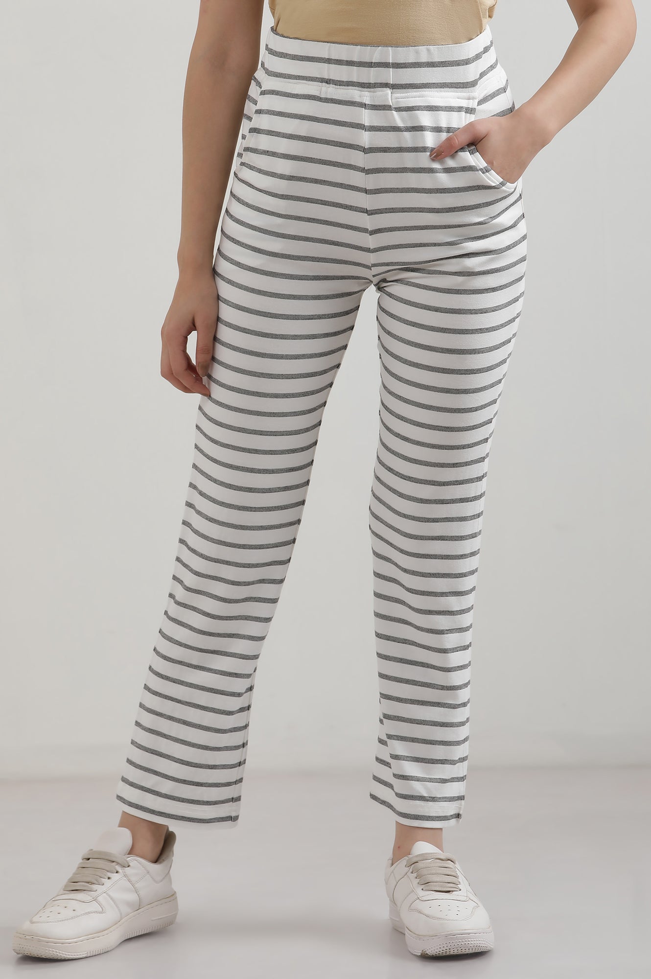 White Yarn Dyed Cotton Blend Straight Trousers & Pants
