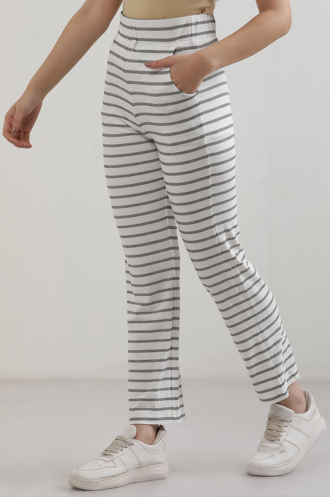 White Yarn Dyed Cotton Blend Straight Trousers & Pants
