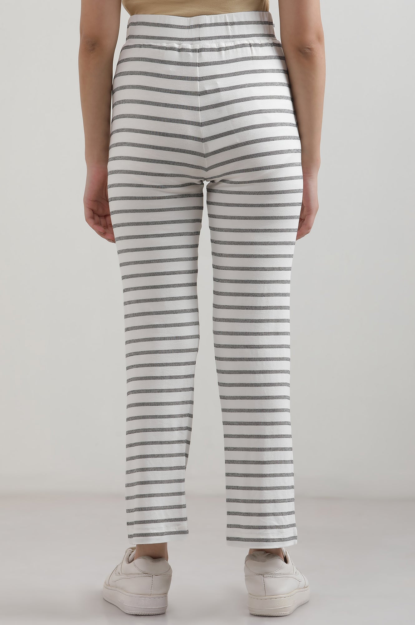 White Yarn Dyed Cotton Blend Straight Trousers & Pants