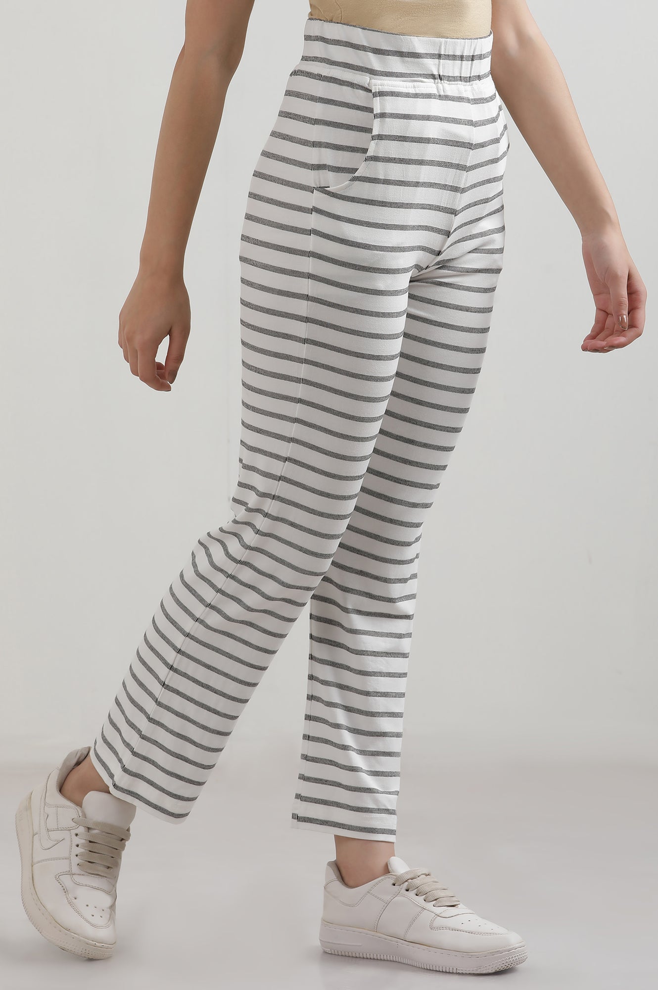 White Yarn Dyed Cotton Blend Straight Trousers & Pants