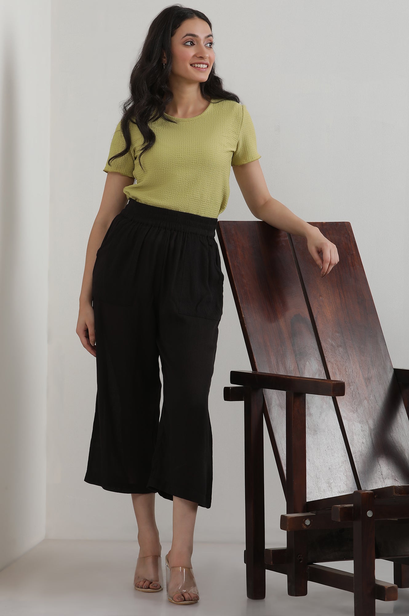 Black Solid Rayon Flarred Palazzos & Culottes