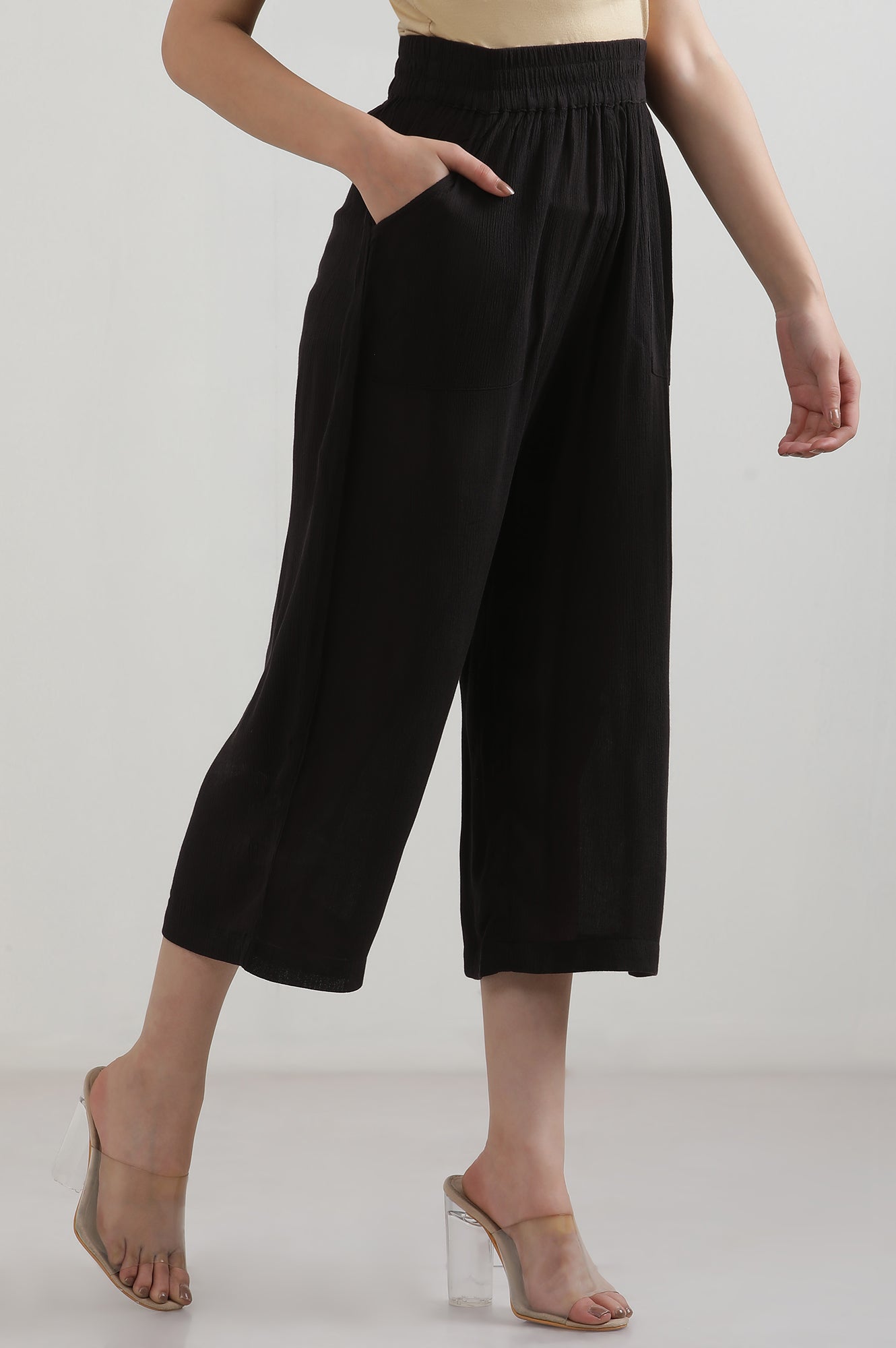 Black Solid Rayon Flarred Palazzos & Culottes
