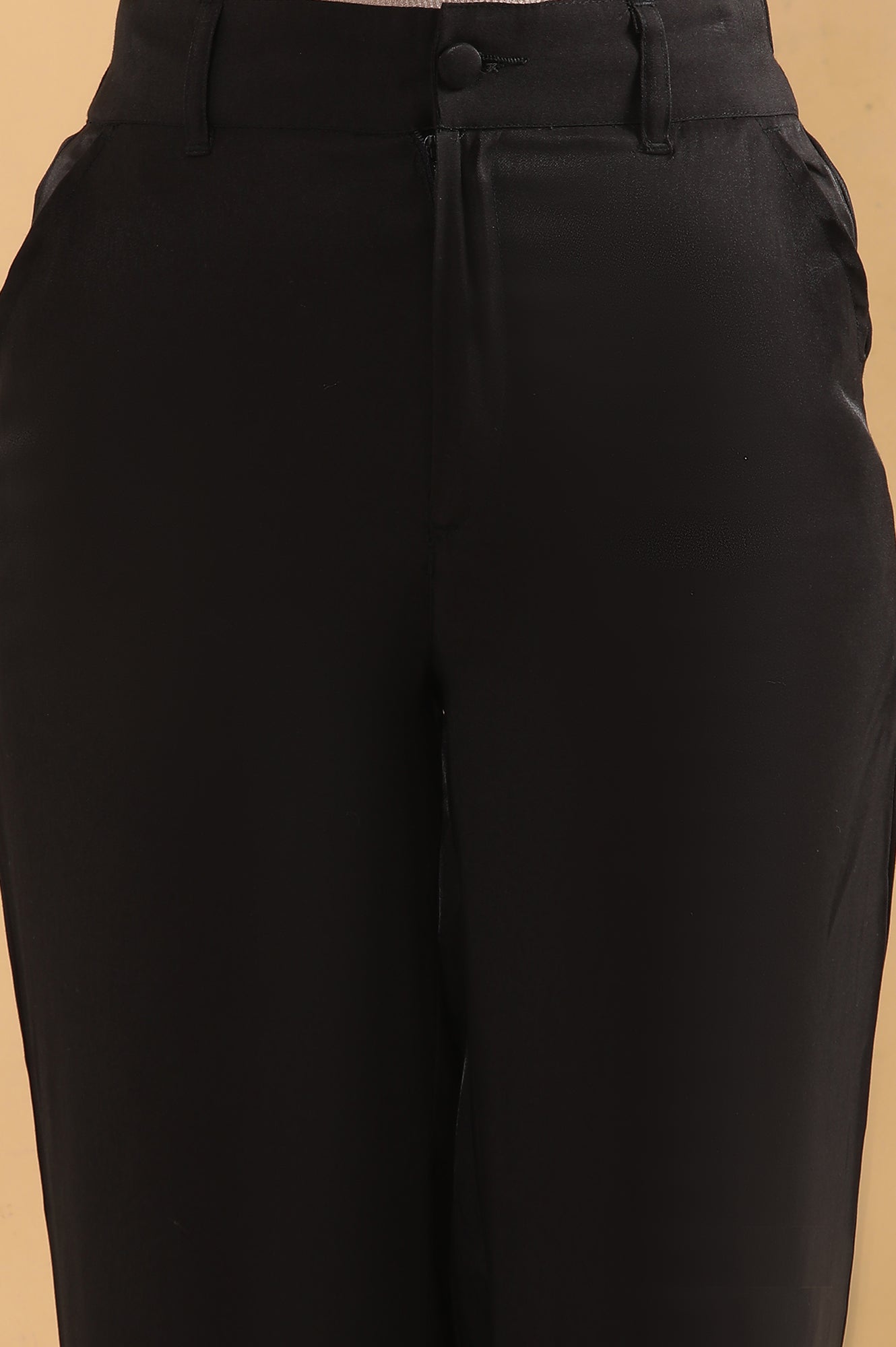 Black Solid Straight Fit Rayon Pants With Button And Zip Closure