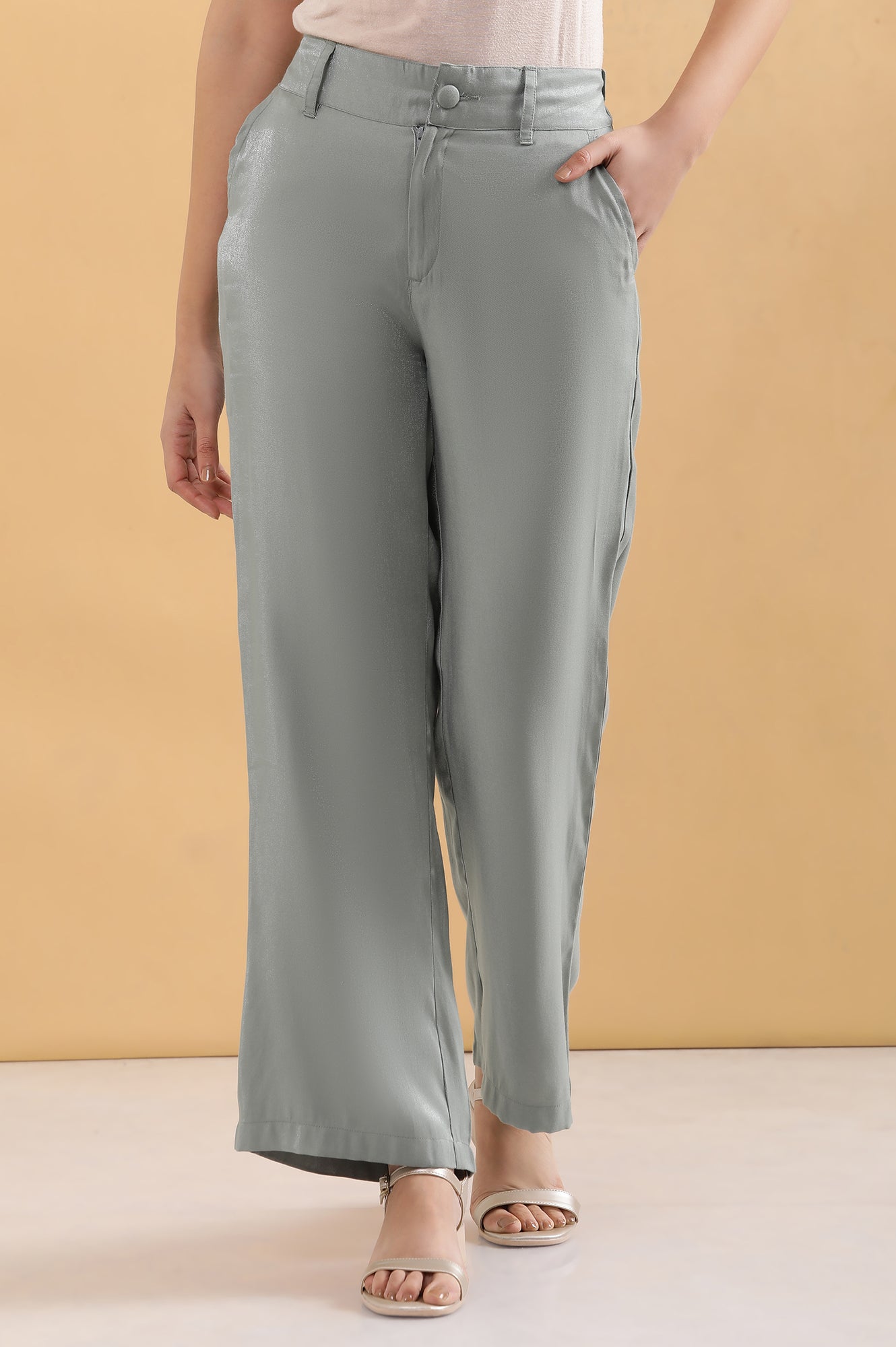 Grey Solid Straight Fit Woven Pants With Elasticated Back