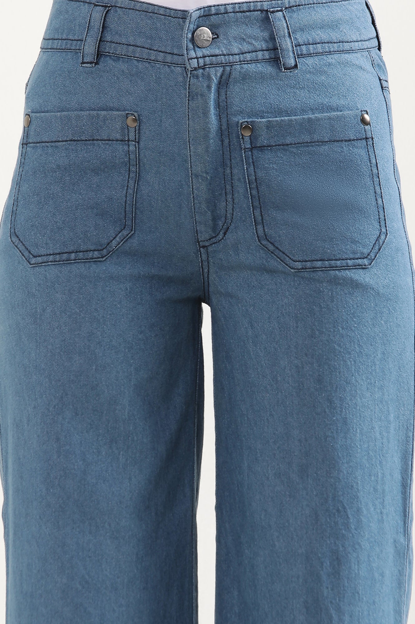 Light Blue Solid Flared Denim Pants With Button Detail