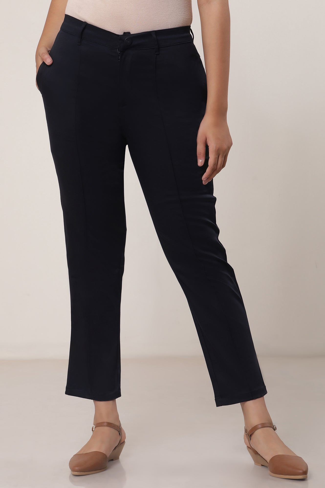 Black Solid Cotton Blend Straight Trousers & Pants