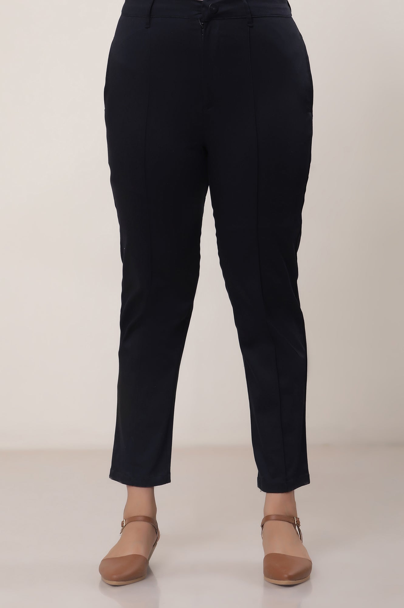 Black Solid Cotton Blend Straight Trousers & Pants