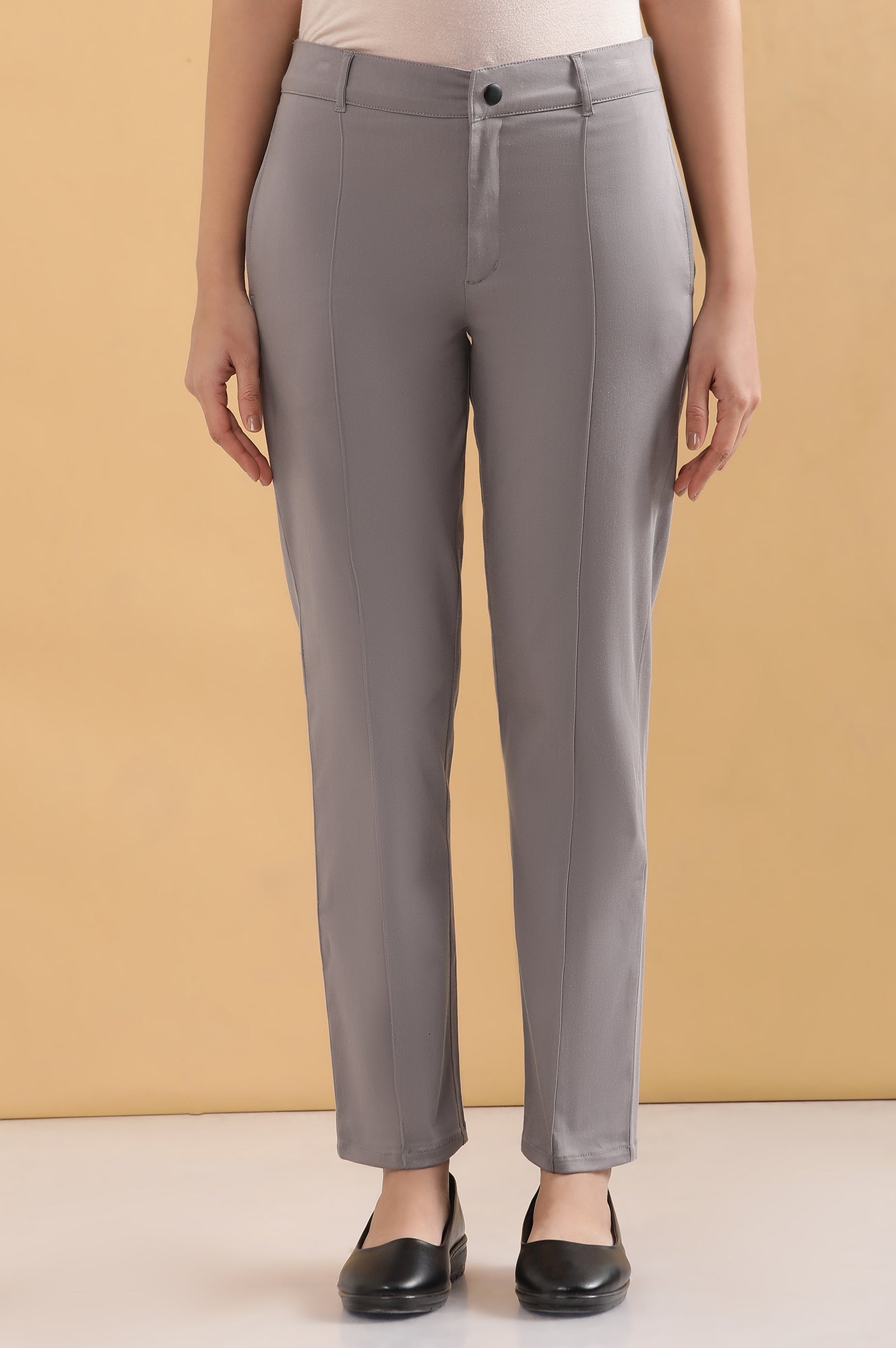 Grey Solid Straight Fit Cotton Pants With Pintuck Detail