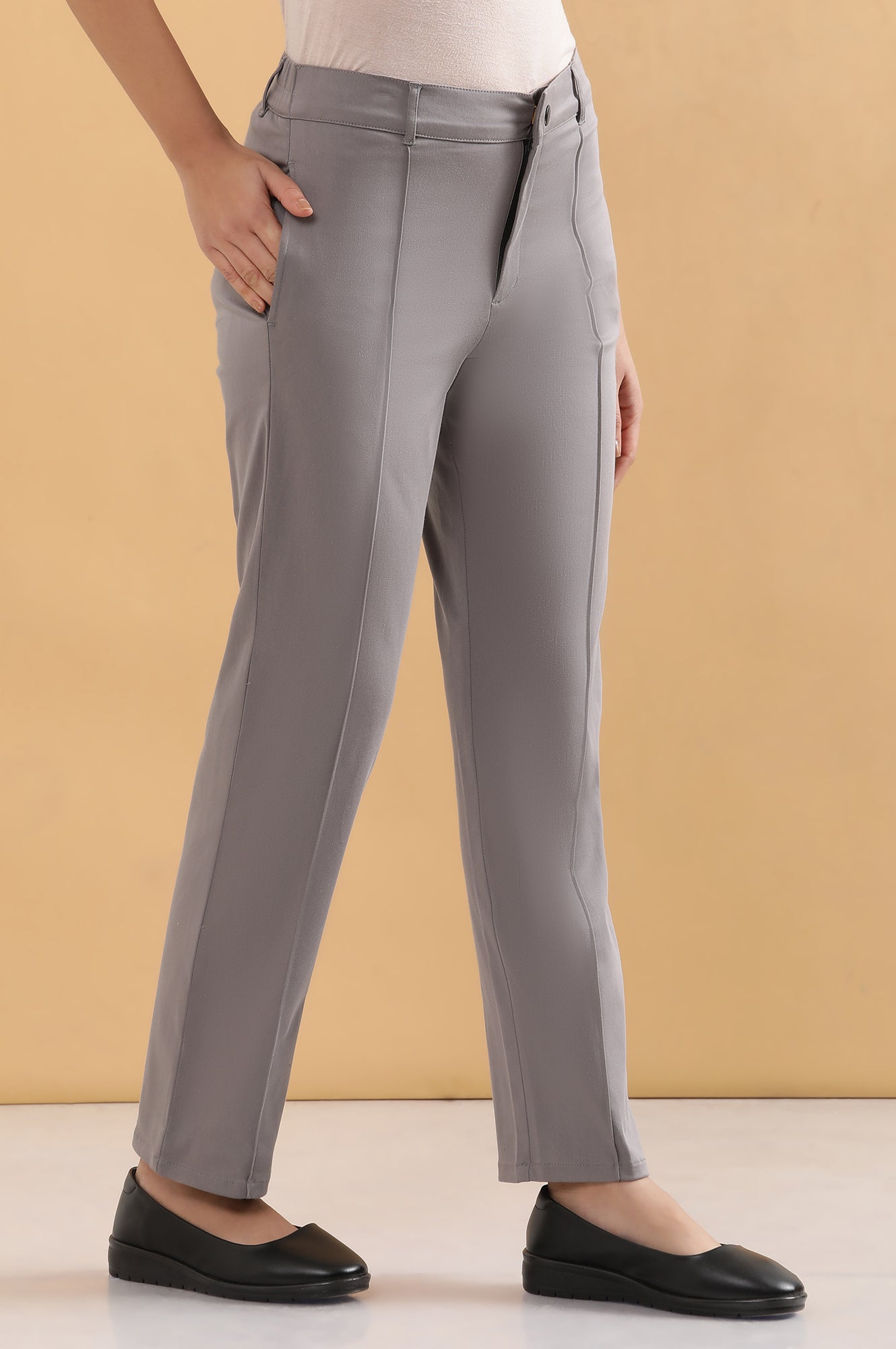 Grey Solid Straight Fit Cotton Pants With Pintuck Detail