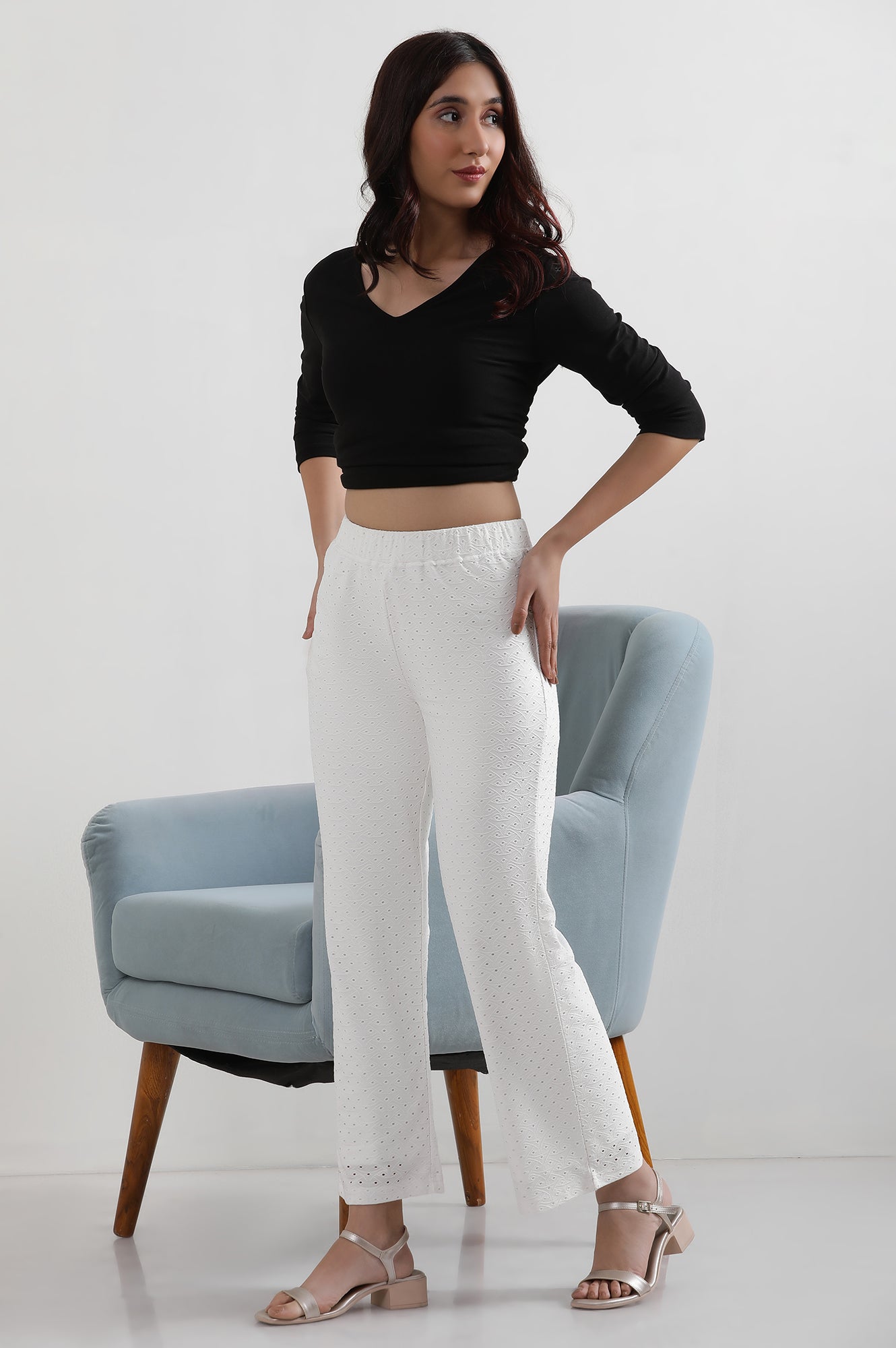 White Solid Straight Fit Palazzo With Elasticated Waist