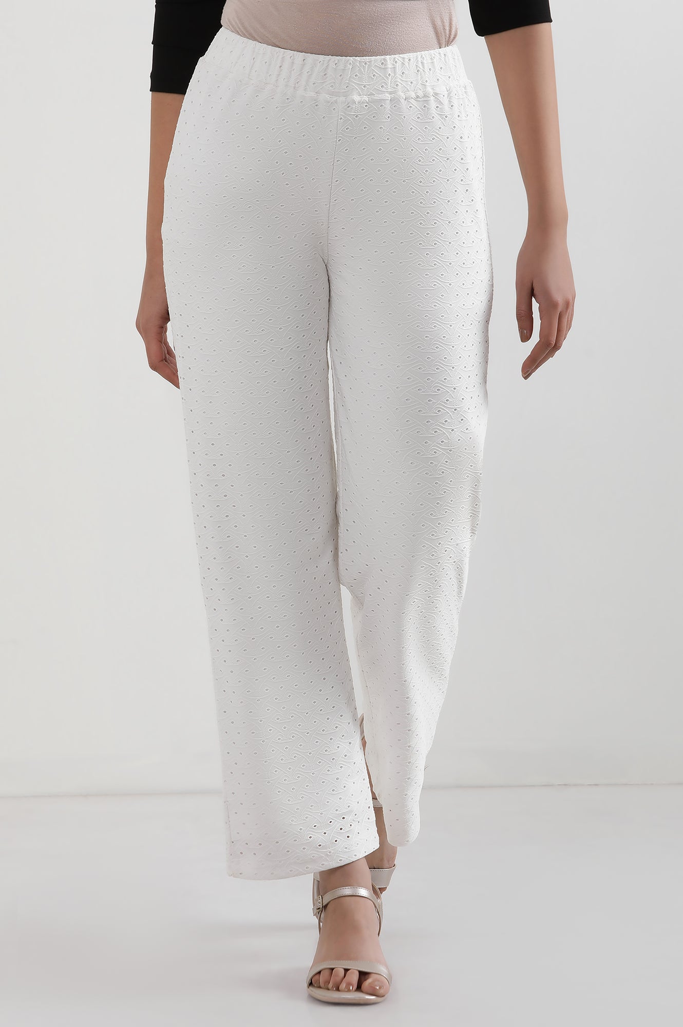 White Solid Straight Fit Palazzo With Elasticated Waist