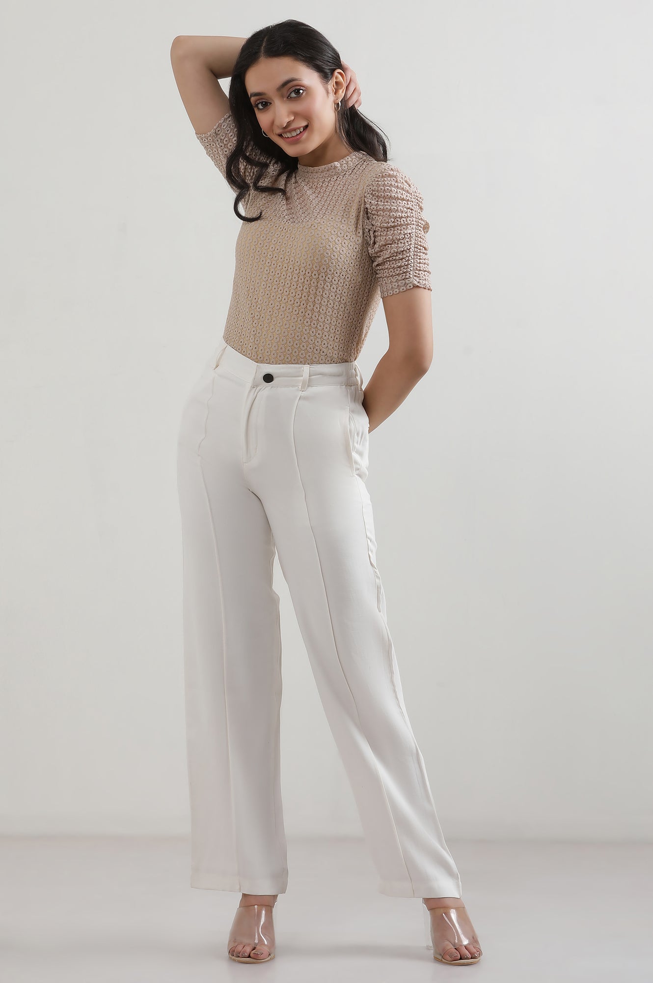 White Solid Rayon Straight Trousers & Pants