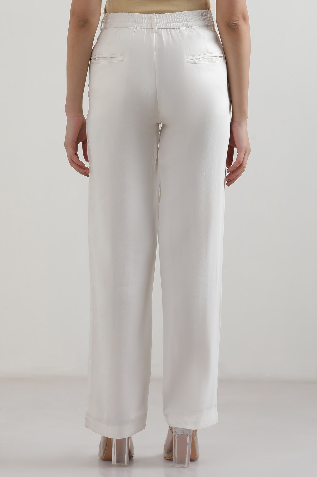 White Solid Rayon Straight Trousers & Pants
