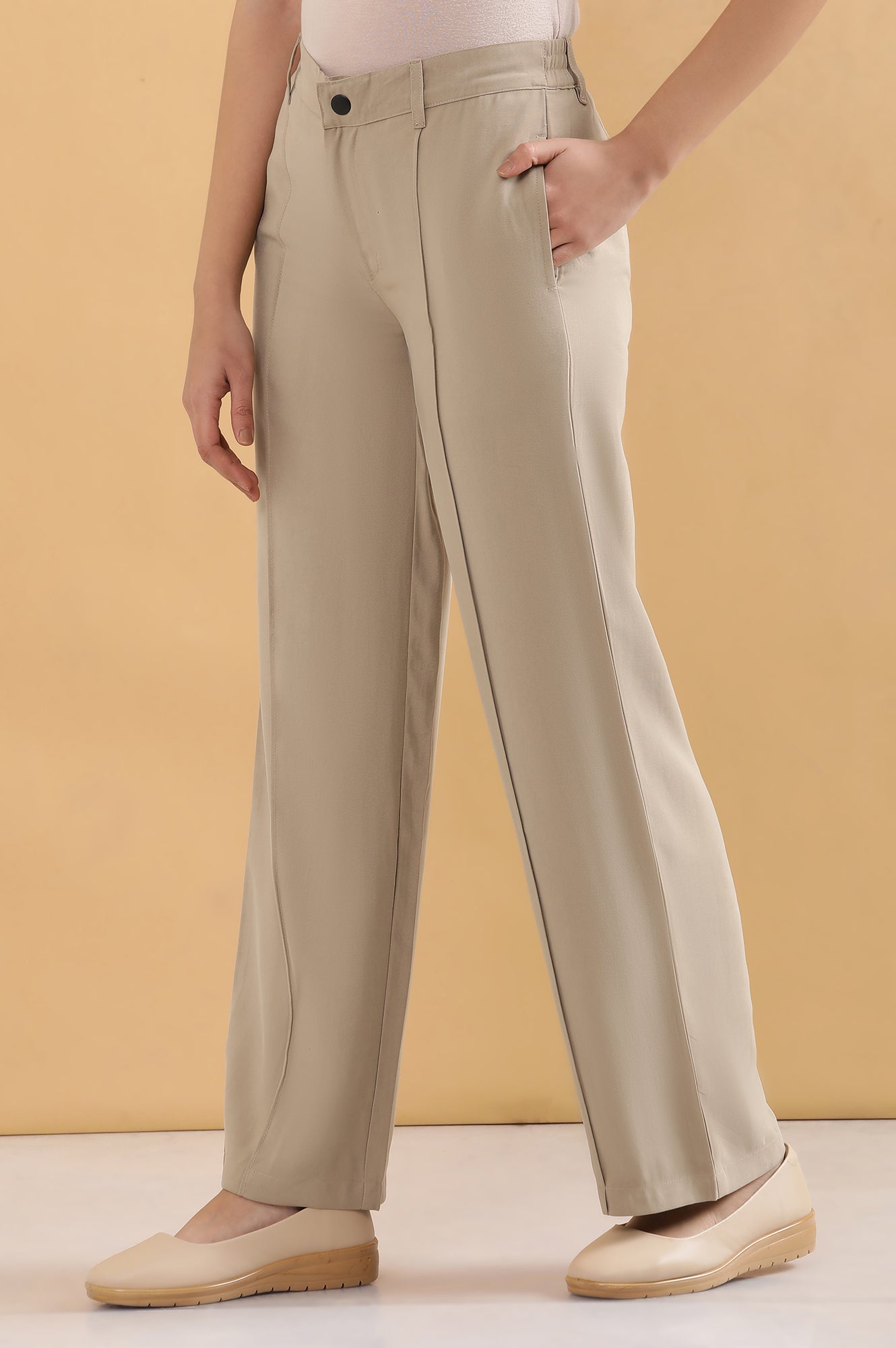 Beige Solid Straight Fit Woven Pants With Pintuck Detail