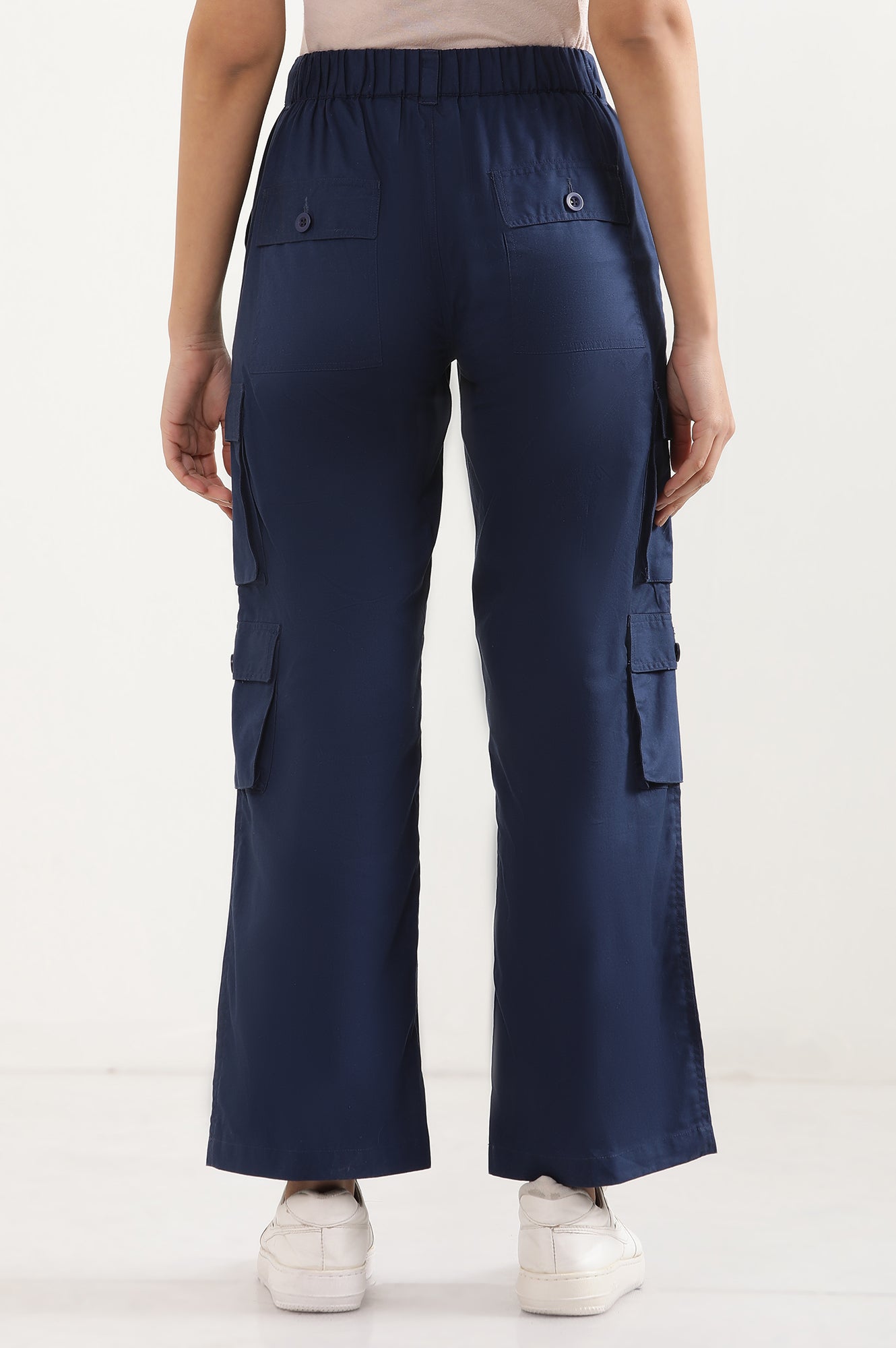 Navy Blue Solid Straight Fit Cotton Cargo Pants With Elasticated Waist