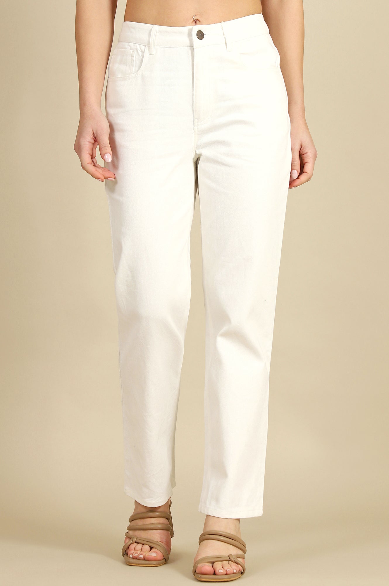 White Solid Pure Cotton Straight Trousers & Pants