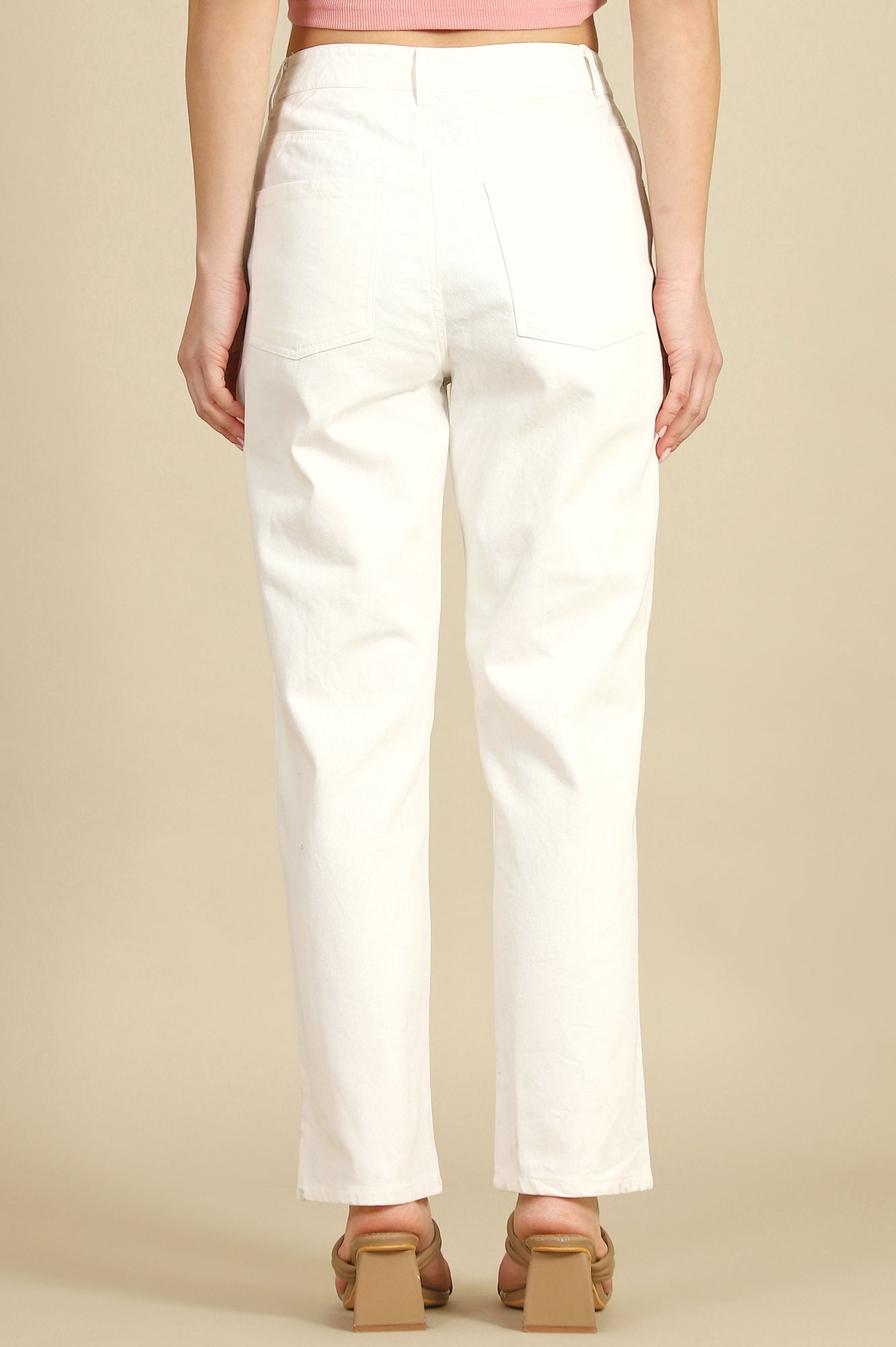 White Solid Pure Cotton Straight Trousers & Pants