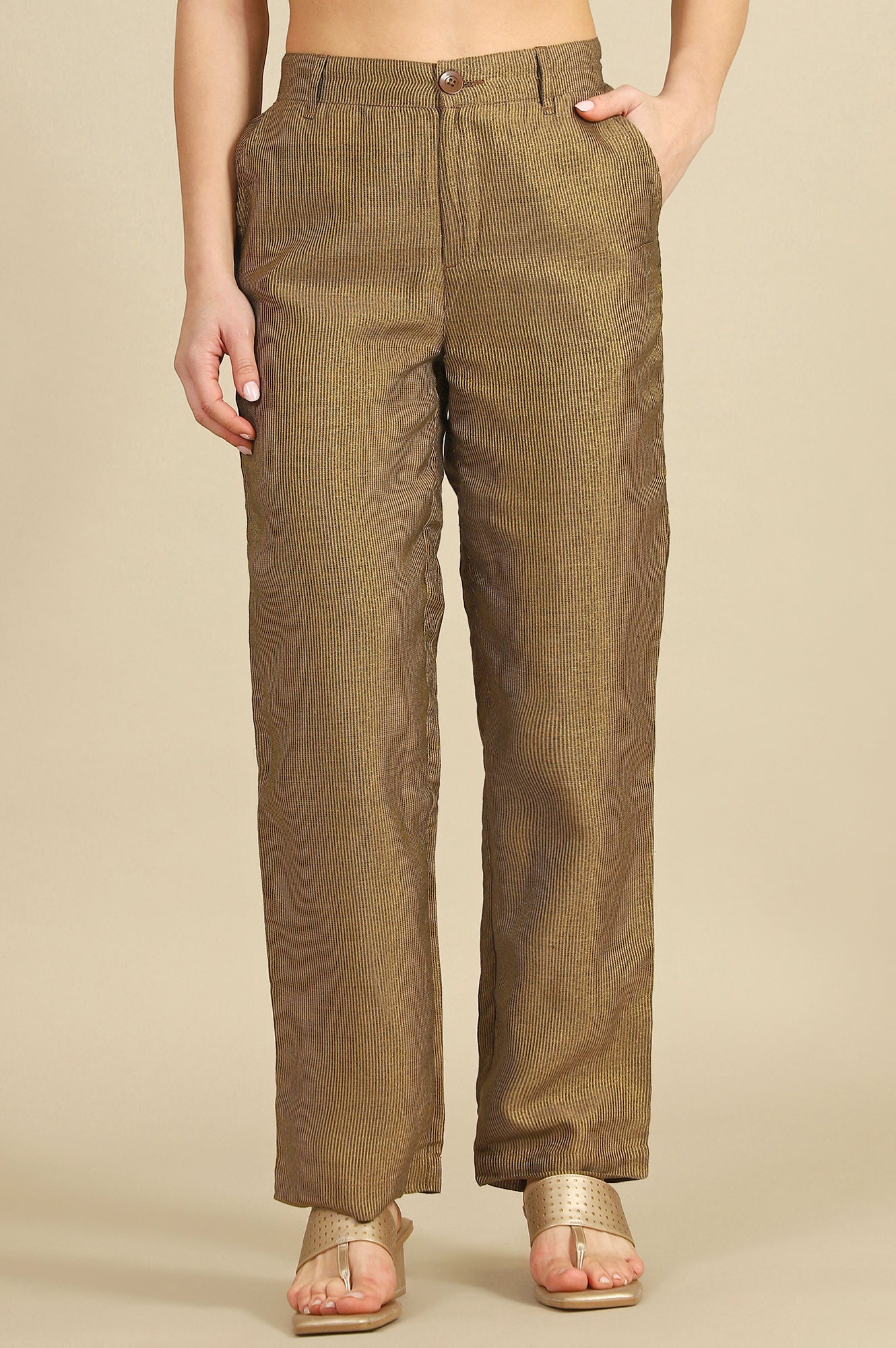 Brown Yarn Dyed Zari Straight Trousers & Pants