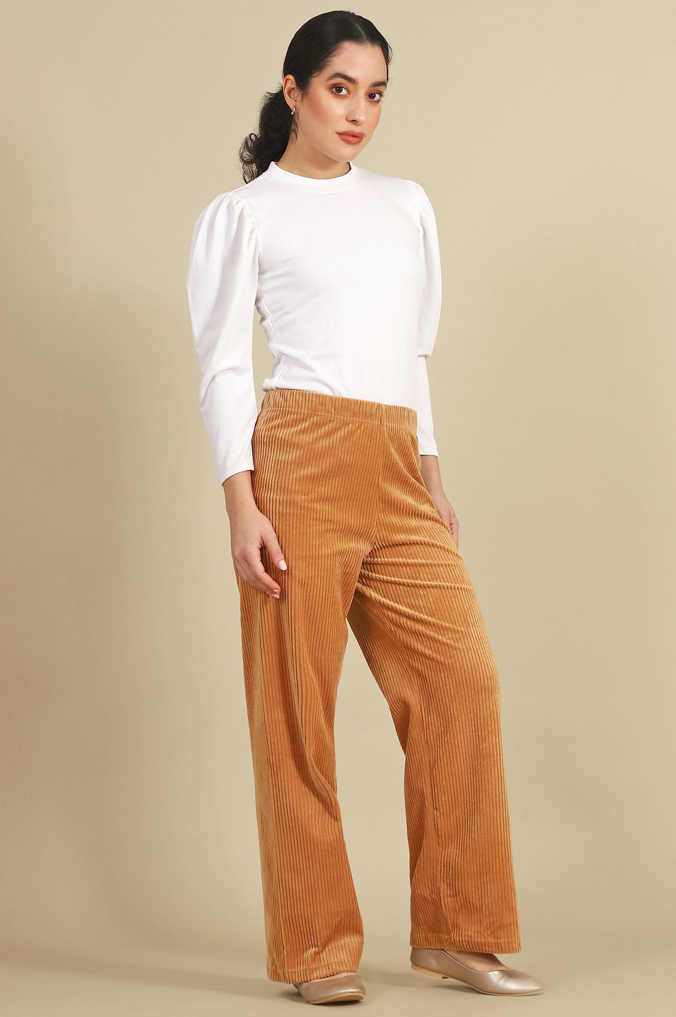 Brown Solid Cotton Blend Straight Trousers & Pants