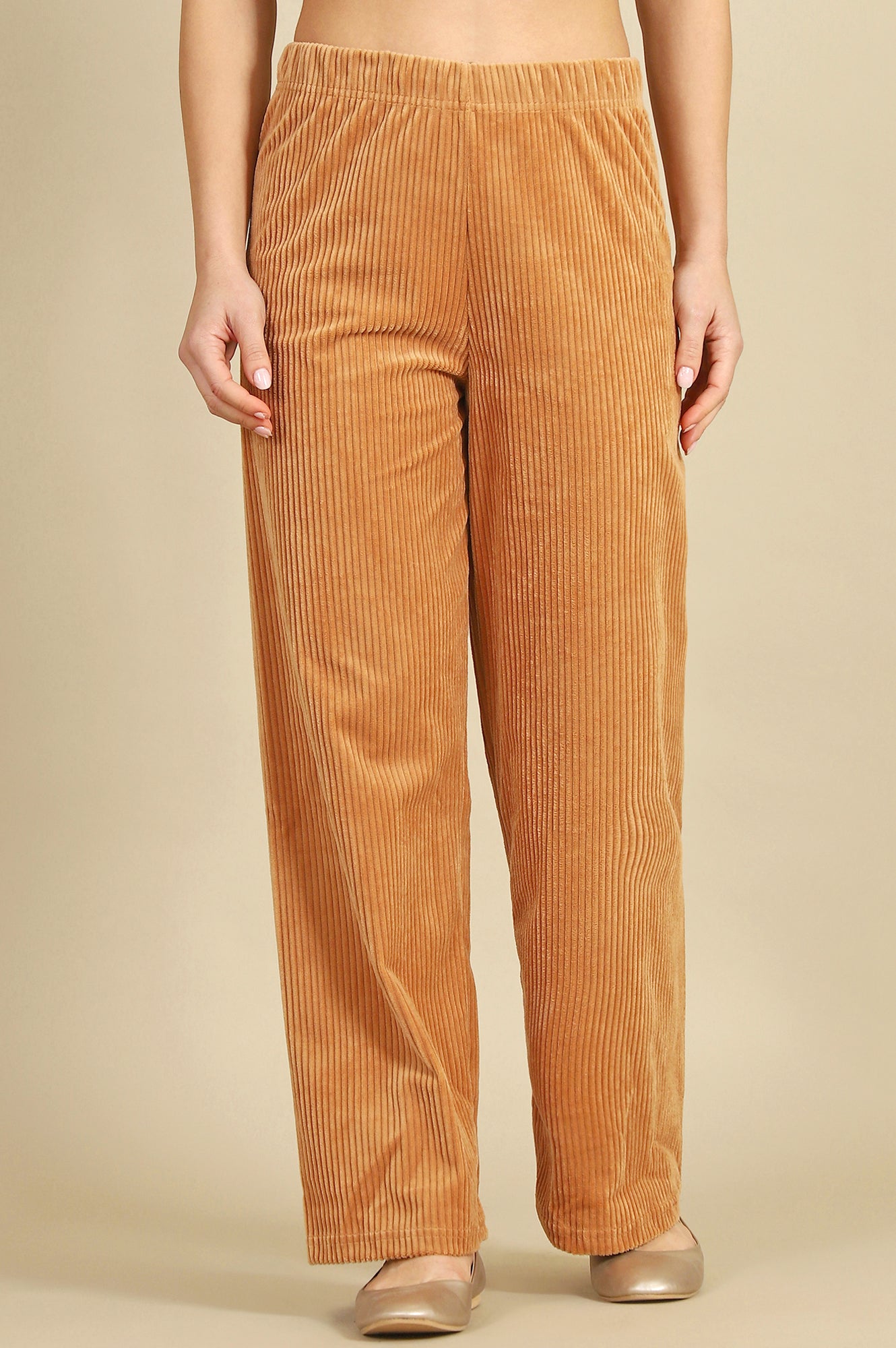 Brown Solid Cotton Blend Straight Trousers & Pants