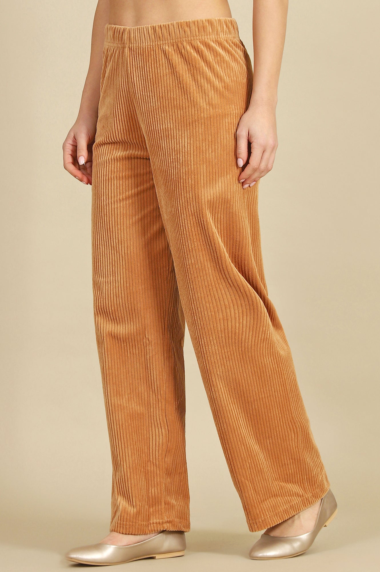 Brown Solid Cotton Blend Straight Trousers & Pants
